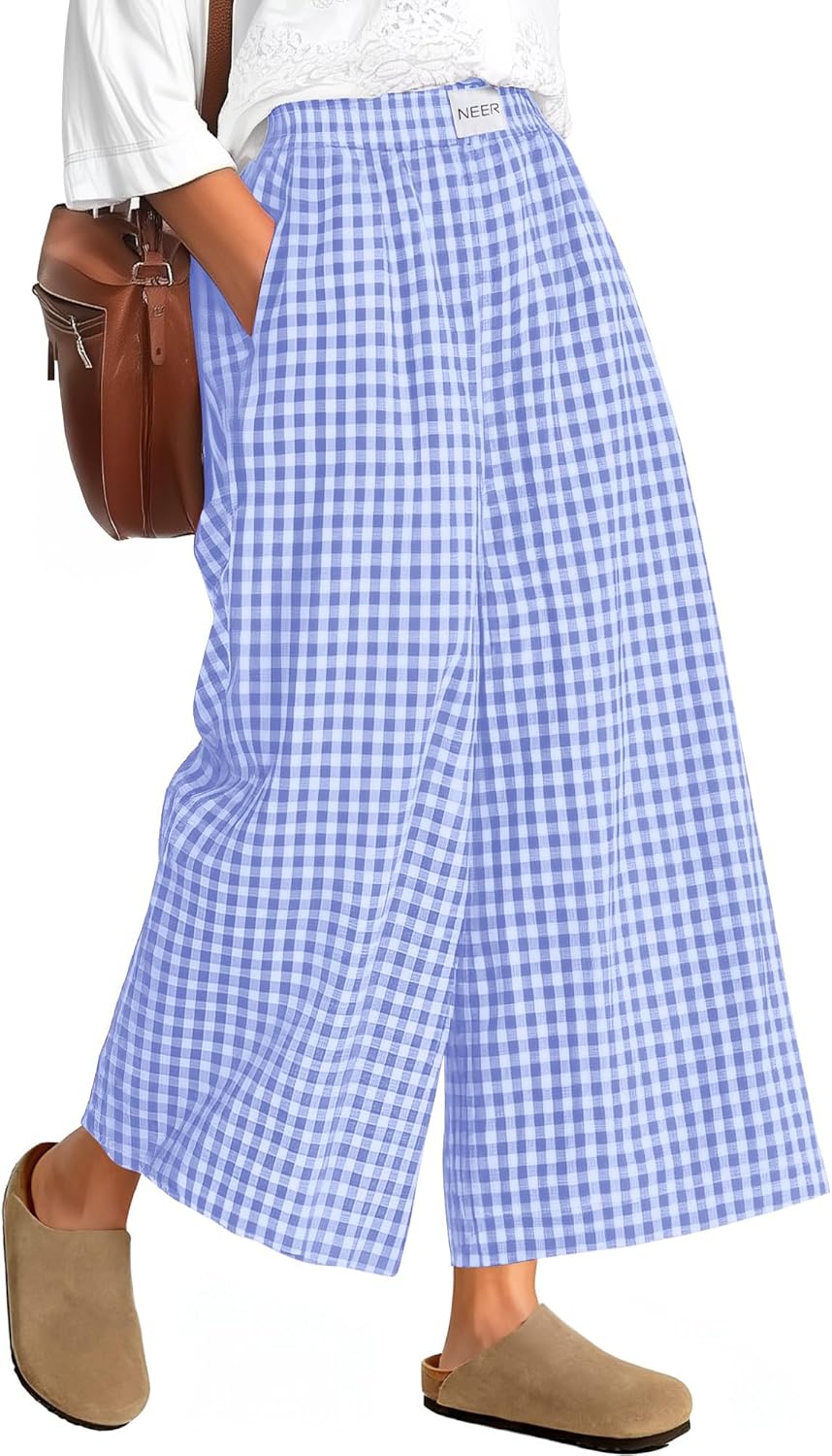 Neer Women's Plaid Gingham Skirt Pants Flowy Oversized Wide Leg Culottes Elastic Waist Palazzo Casual Trousers with Pockets