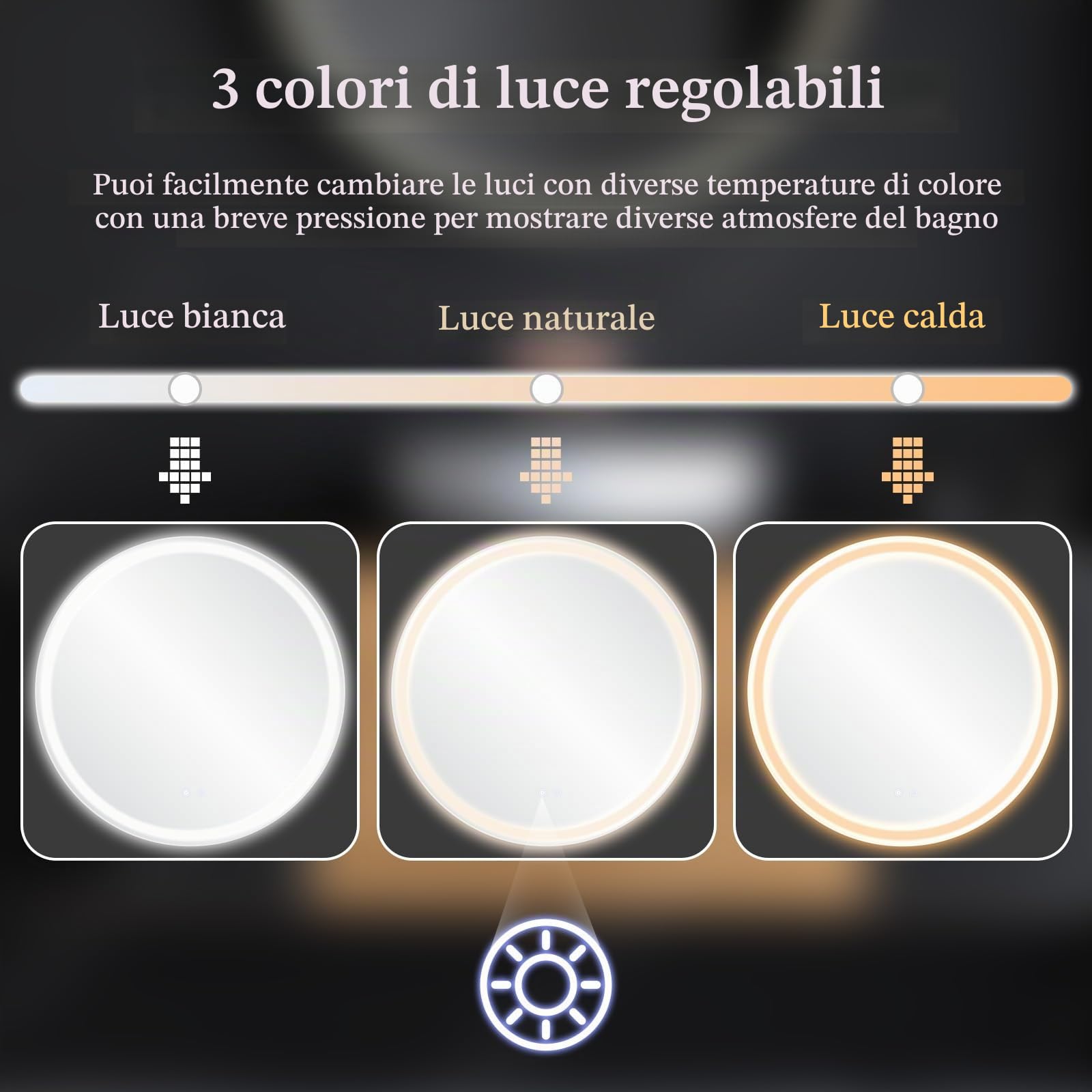 Clevich Specchio Bagno con Luce LED Rotondo 80 cm, Specchio da Parete con Funzione Memoria e Antiappannamento, Vetro Temperato, 3 Colori Regolabili e Dimmerabile