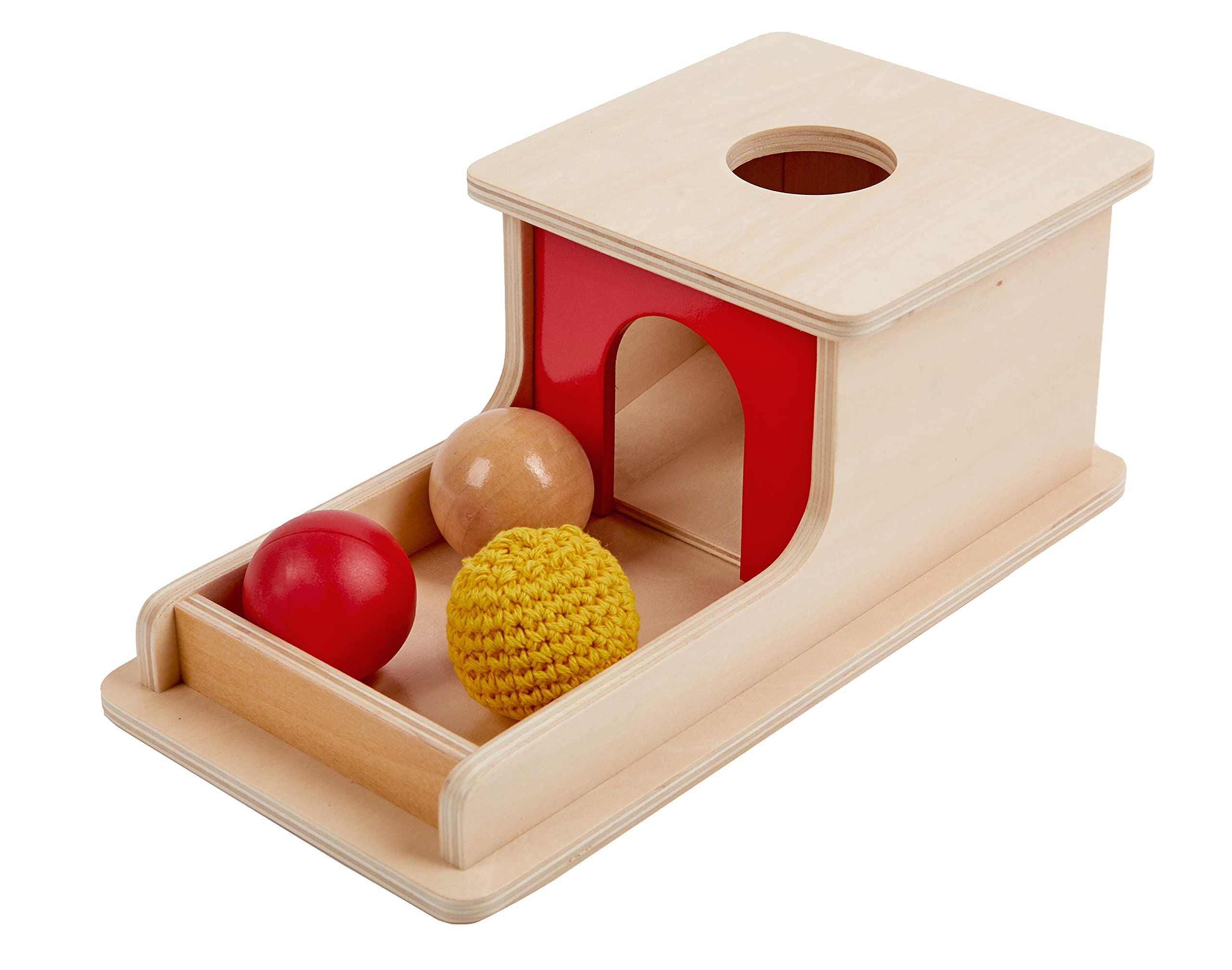 Adena Montessori Full Size Object Permanence Box with Tray Three Balls (Wood, Plastic,Knitted), Montessori Toys for Babies Infant 6-12 Month 1 Year Old Toddlers