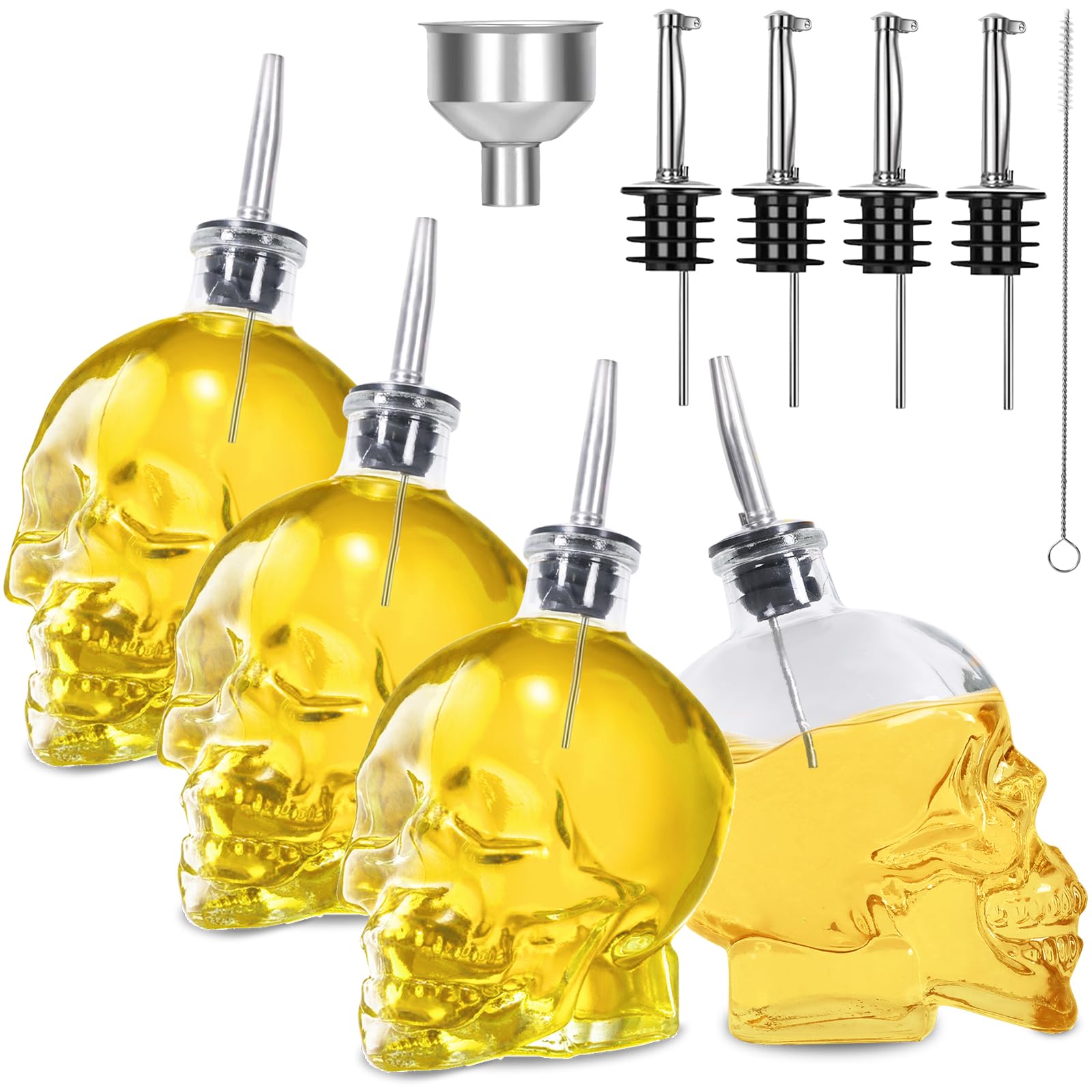 Gusnilo Skull Shape Olive Oil Dispenser Bottle, 15 oz, Glass, Set of 4 with Stainless Steel Spouts & Funnel