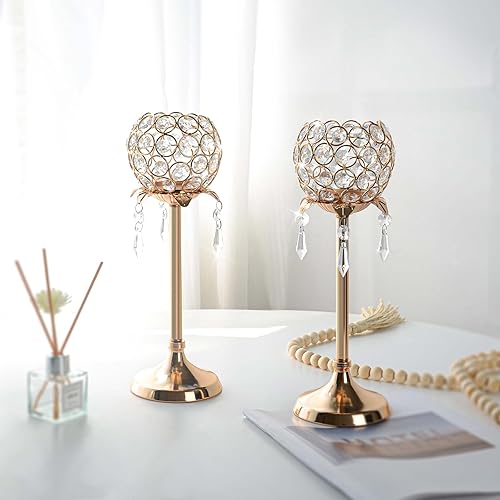 Miniatura 6 de Kehail Juego de 3 candelabros de cristal dorado con forma de flor con cuenco colgante de cristal, portavelas de metal votivo para centros de mesa,