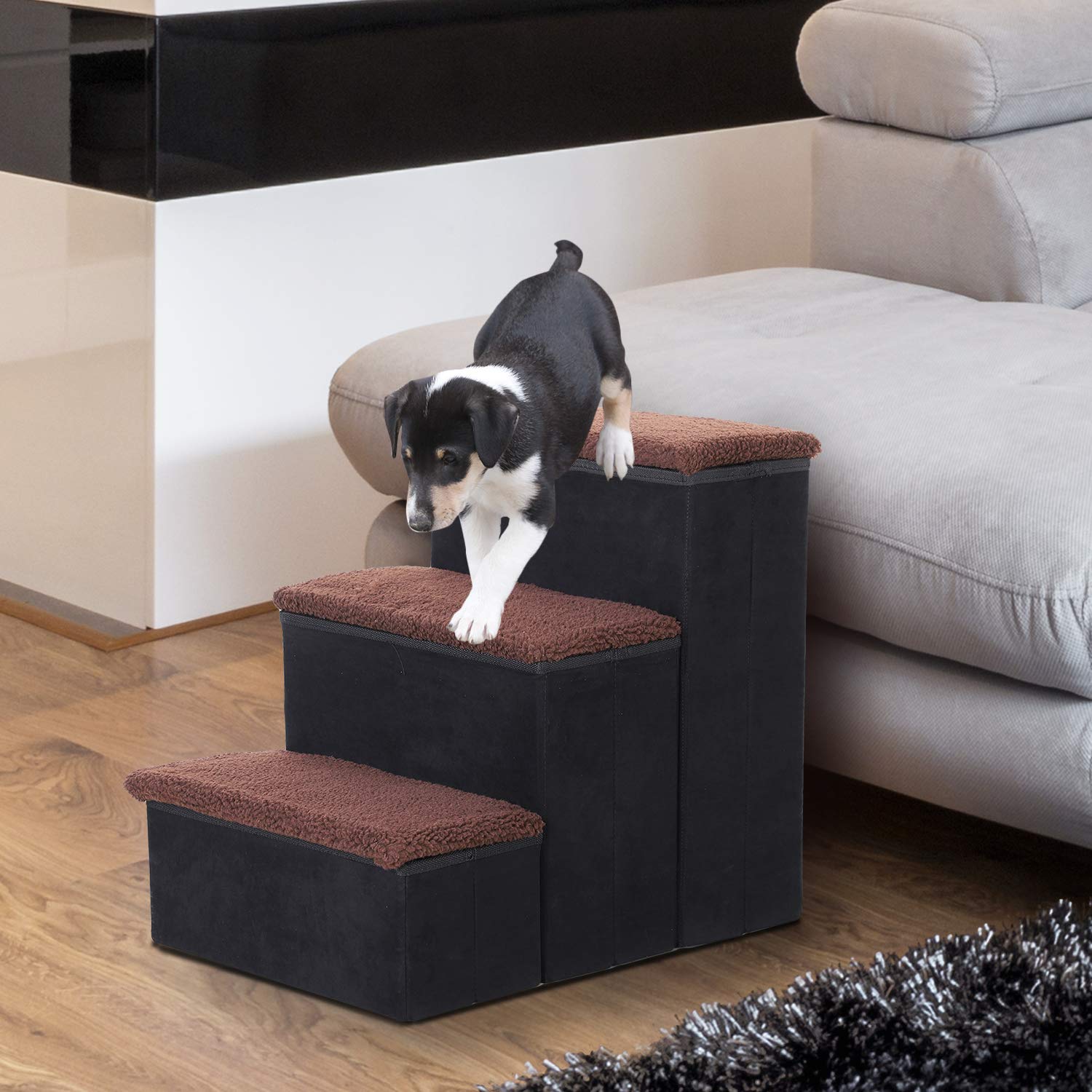 PawHut Escalera para Mascotas de 3 Peldaños Plegable con Tapas Abatibles y Espacio de Almacenamiento 3 Escalones de Perros Gatos Pequeños de Vellón Bereber para Cama Sofá 40x54x48 cm Negro