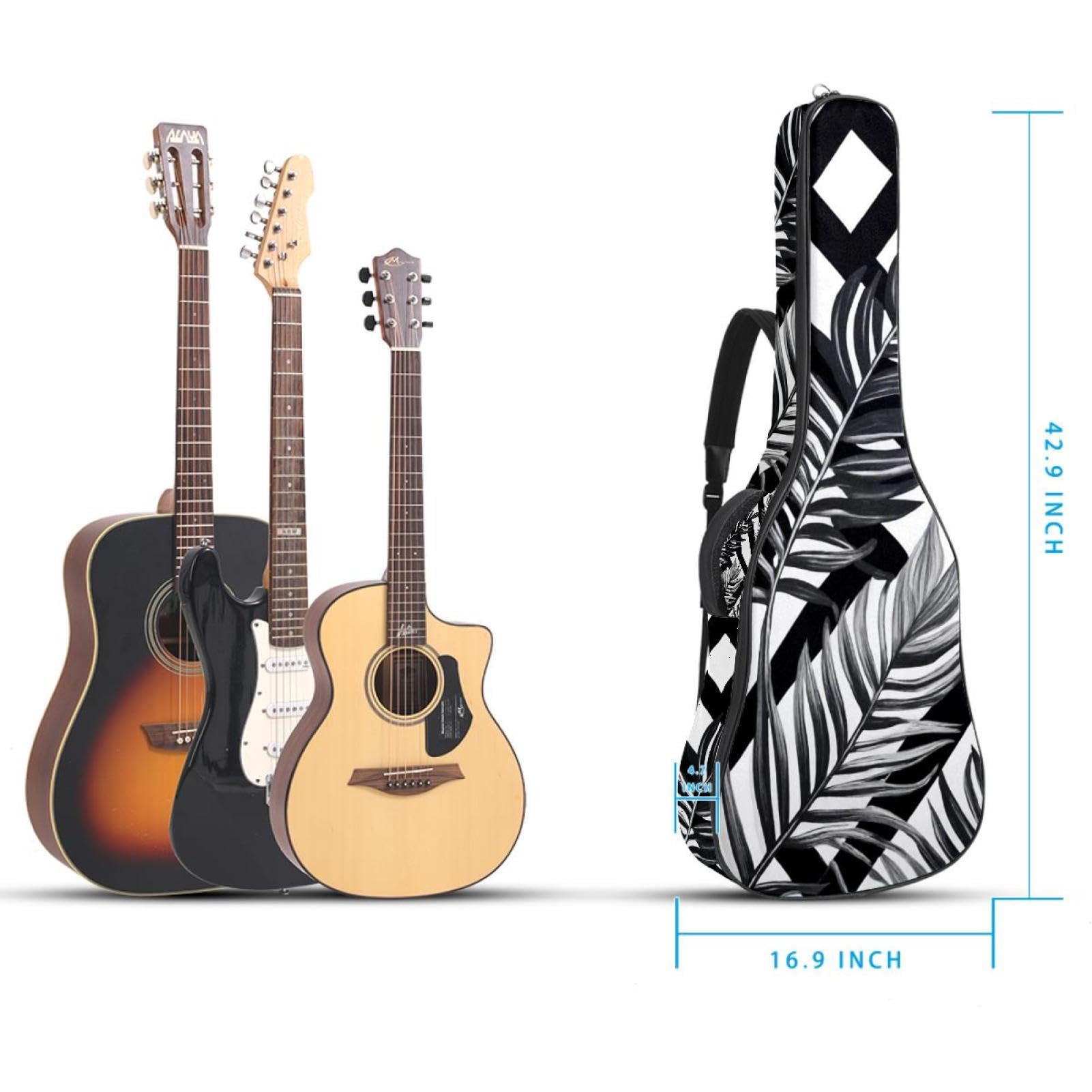 Art Sac pour guitare acoustique avec bandoulière réglable et crochet arrière, convient pour guitares électriques, basses, guitares classiques, ukulélé, noir et blanc 106,7 cm, Art Noir Blanc Feuilles