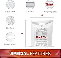 Vista 6 de Paquete de 100 bolsas de plástico de 12 x 15 pulgadas con 2.0 mil de grosor, asas troqueladas, perfectas para tiendas minoristas, recuerdos