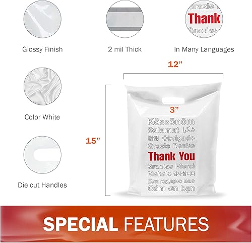 Miniatura 6 de Paquete de 100 bolsas de plástico de 12 x 15 pulgadas con 2.0 mil de grosor, asas troqueladas, perfectas para tiendas minoristas, recuerdos de
