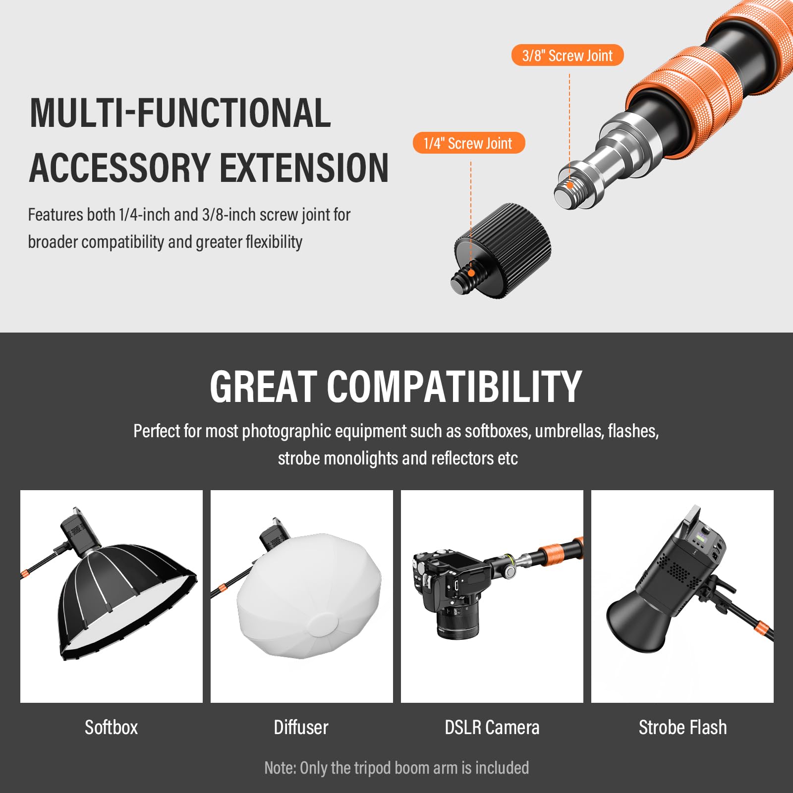 Soonpho Galgen Metall-Auslegerarm für Lampenstativarm Aluminium Ausziehbar von 59 bis 160cm 3-Teilig Teleskopisch 5kg Tragkraft mit Sanbags Verlängerungsarm für Fotografie (Orange)