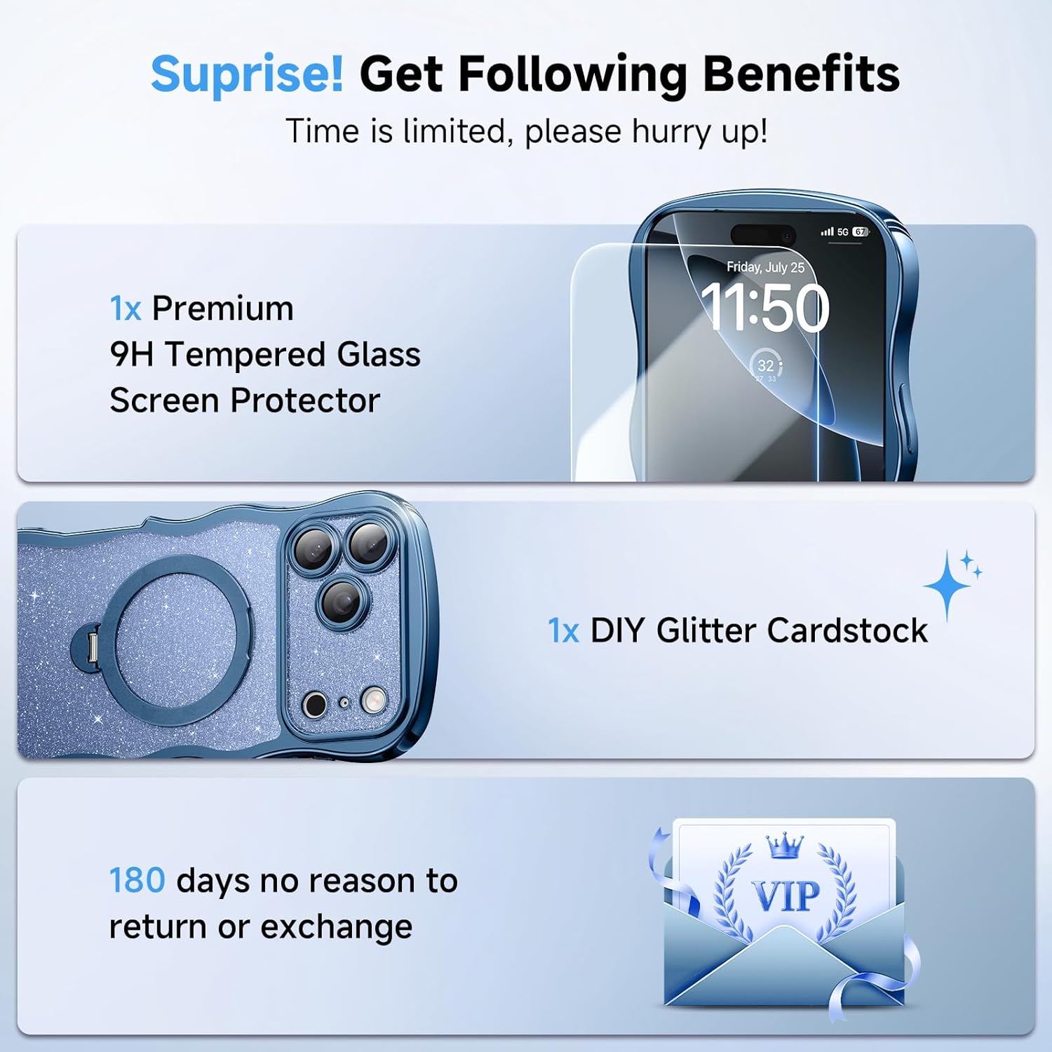 3 in 1 for iPhone 17 Pro Max Case with 360° Spin Magnetic Stand, 1X DIY Glitter Cardstock +1X Screen Protector, [Fit for Magsafe]Cute Wavy Glossy Clear Phone Cover for Women Girls 6.9", Sapphire Blue