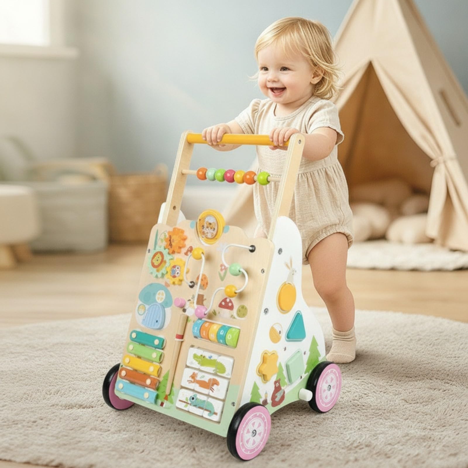 Qianly Caminador Madera sin Astillas Interactivo, caminador Empuje, Sensorial, para Casa,