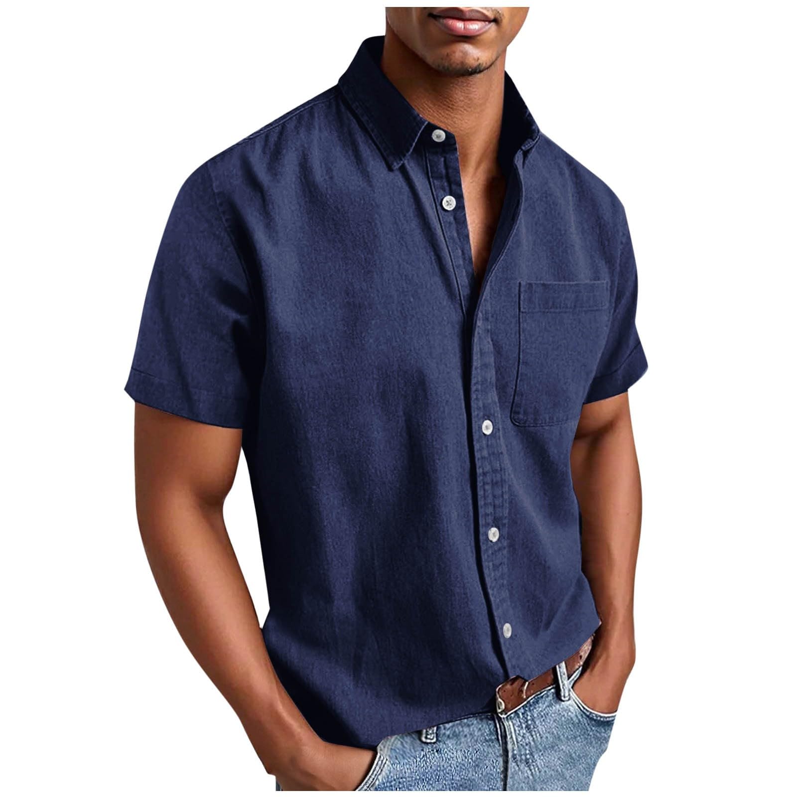 Mens Short Sleeve Dress Shirt Vintage Button Down Casual Shirts Fashion Summer Work Shirts Collared Tops with Pocket