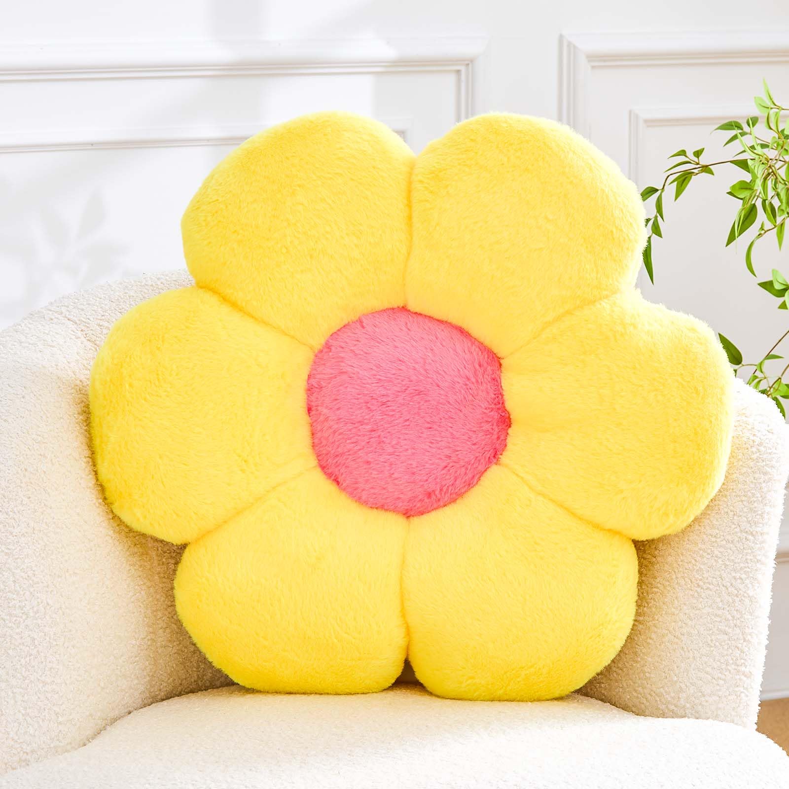 Kcvvcr Flower Pillow Cute Decorative Throw Pillow with Faux Rabbit Fur Soft Daisy Plush Floor Cushion Aesthetic Flower Shaped Pillow Home Decor for Bed Sofa Couch (Yellow 19.6 Inch)