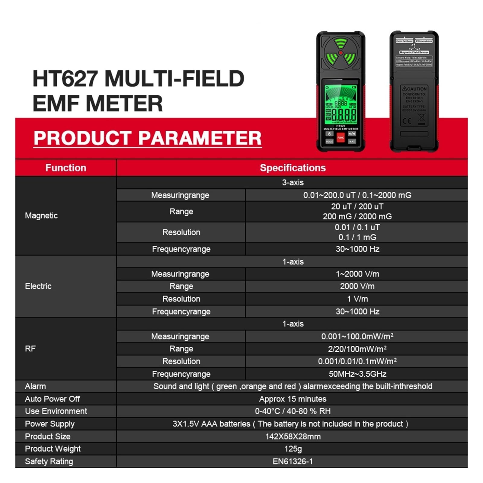 Liczniki Geigera, HT627 3 w 1 miernik EMF przenośny cyfrowy detektor promieniowania elektromagnetycznego pole elektryczne/pole magnetyczne/detektor promieniowania