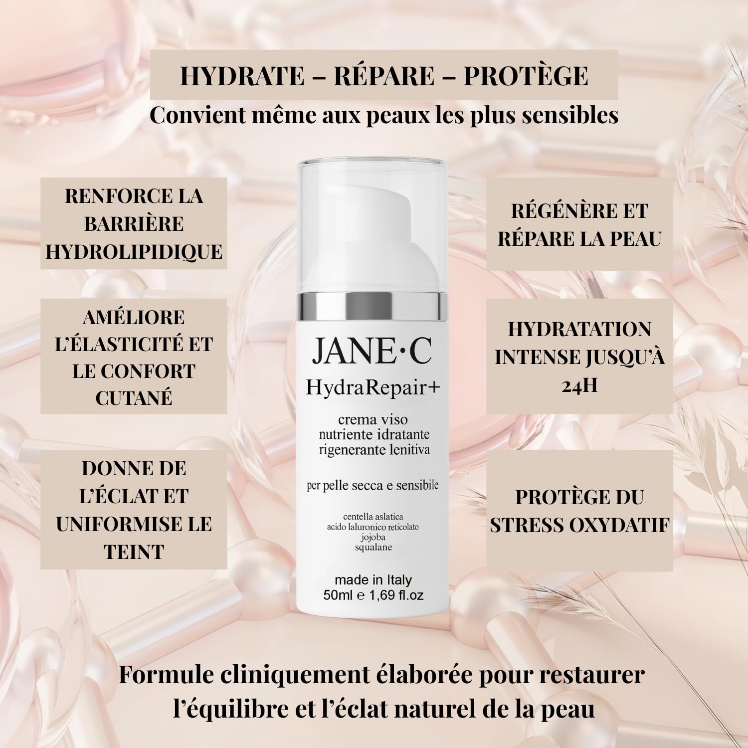 Crème Visage Jour & Nuit HydraRepair+| Inspirée de la Skincare Coréenne| Avec Centella Asiatica & Peptides| Hydratante, Réparatrice et Apaisante |Peaux Sèches, Mixtes ou Sensibles| Made in Italy, 50ml