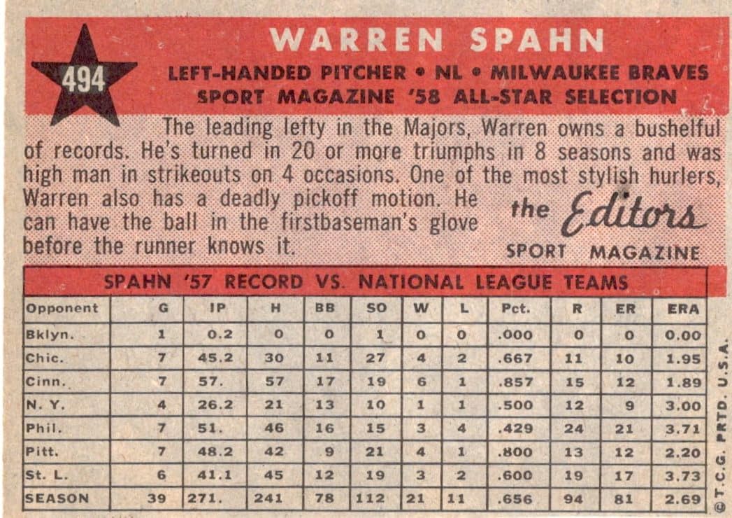 Vintage Warren Spahn #2 1958 Sport Magazine All Star Selection Collectible Baseball Card - 1958 Topps Baseball Card #494 (Milwaukee Braves)