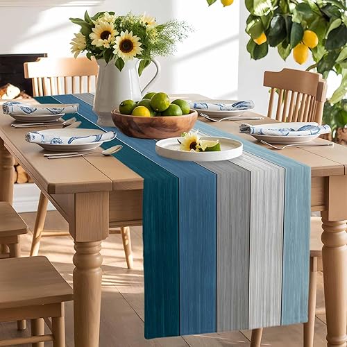 Miniatura 17 de Camino de mesa de algodón y lino estilo granja rústico retro, textura de madera de granero, color degradado marrón y gris, antideslizante,