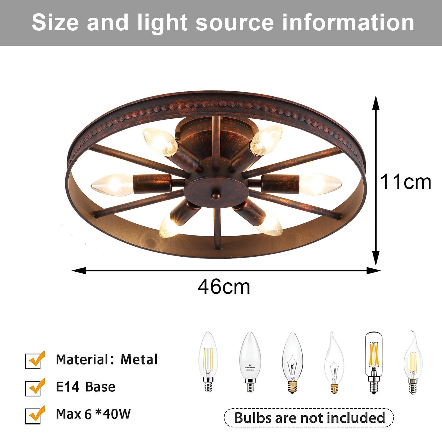 Industrial Vintage Deckenleuchte für Schlafzimmer Kreativ Wagenrad Design | JHYPVII Rostrot Retro Küche Deckenlampe E14 × 6 Flammig Rund Schlafzimmerlampe für Flur bad Esszimmer (Rostrot)