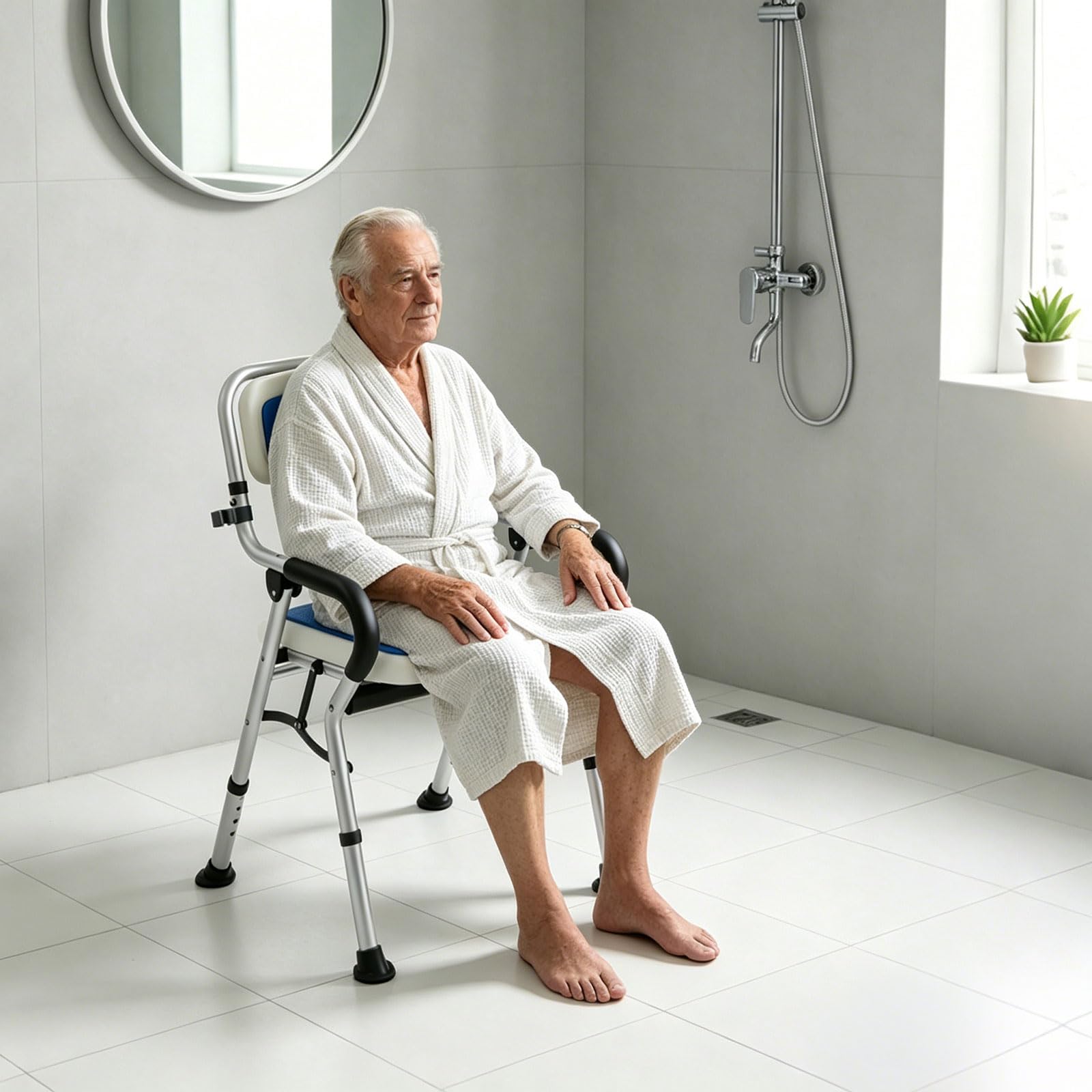 Silla de ducha para personas mayores, altura regulable, taburete de ducha hasta 150 kg, 40 x 34 cm | Silla de baño plegable con agujeros de drenaje y soporte de cabezal de ducha plástico, aleación de aluminio