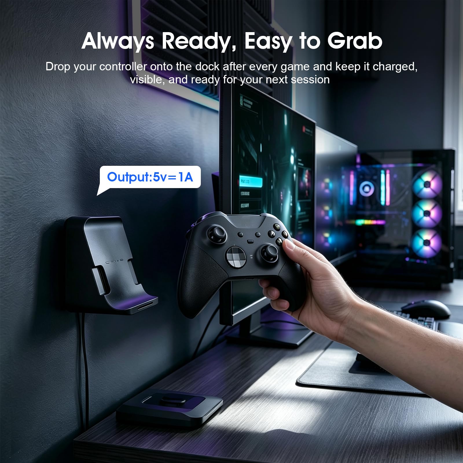Lot de 2 stations de charge murales peu encombrantes pour manette Xbox Elite Series 2, support de bureau fin avec indicateur de charge RVB, câble de type C de 1 m, rester prêt à jouer