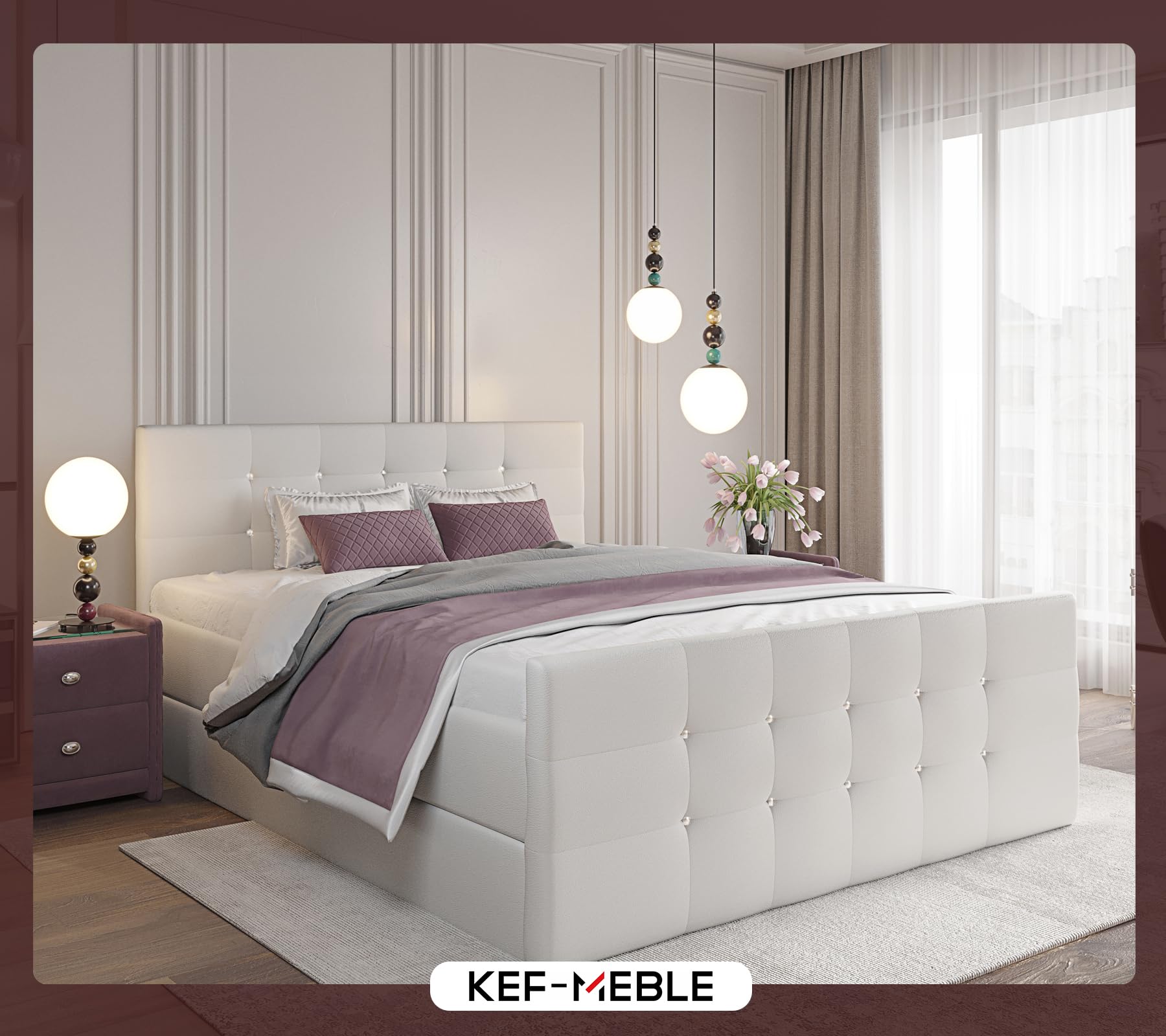 KEF Paris Boxspringbett 160x200 cm - Bett mit Matratze und Topper - Doppelbett mit Bettkasten - Polsterbett mit Kopfstütze - Bonell-Matratze H3 - Weiß Kunstleder