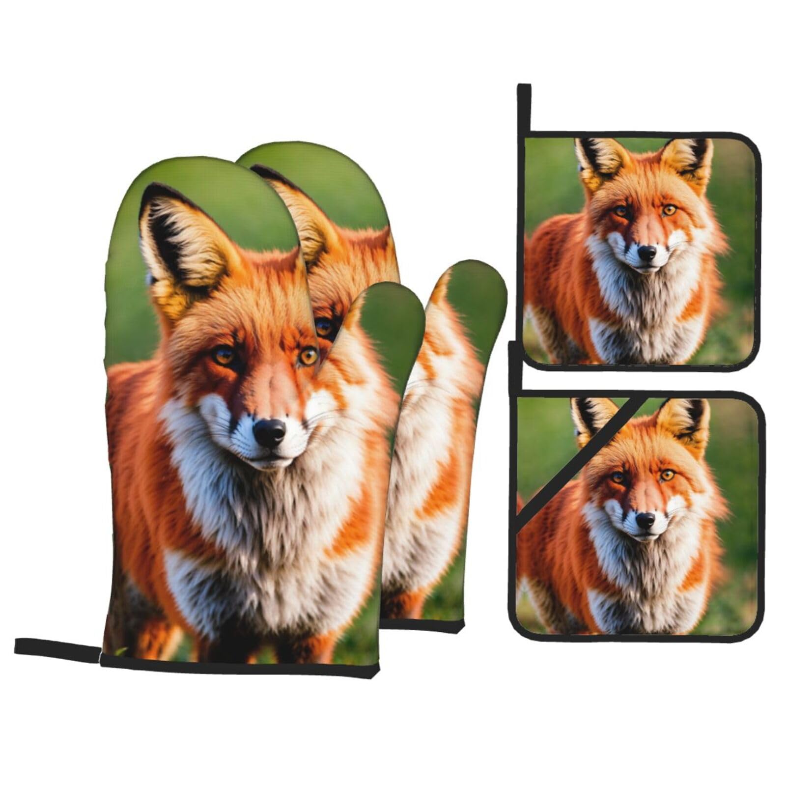 Fox Print Oven Microwaving Waterproof Kitchen Gloves for Baking Grilling Holiday Cooking