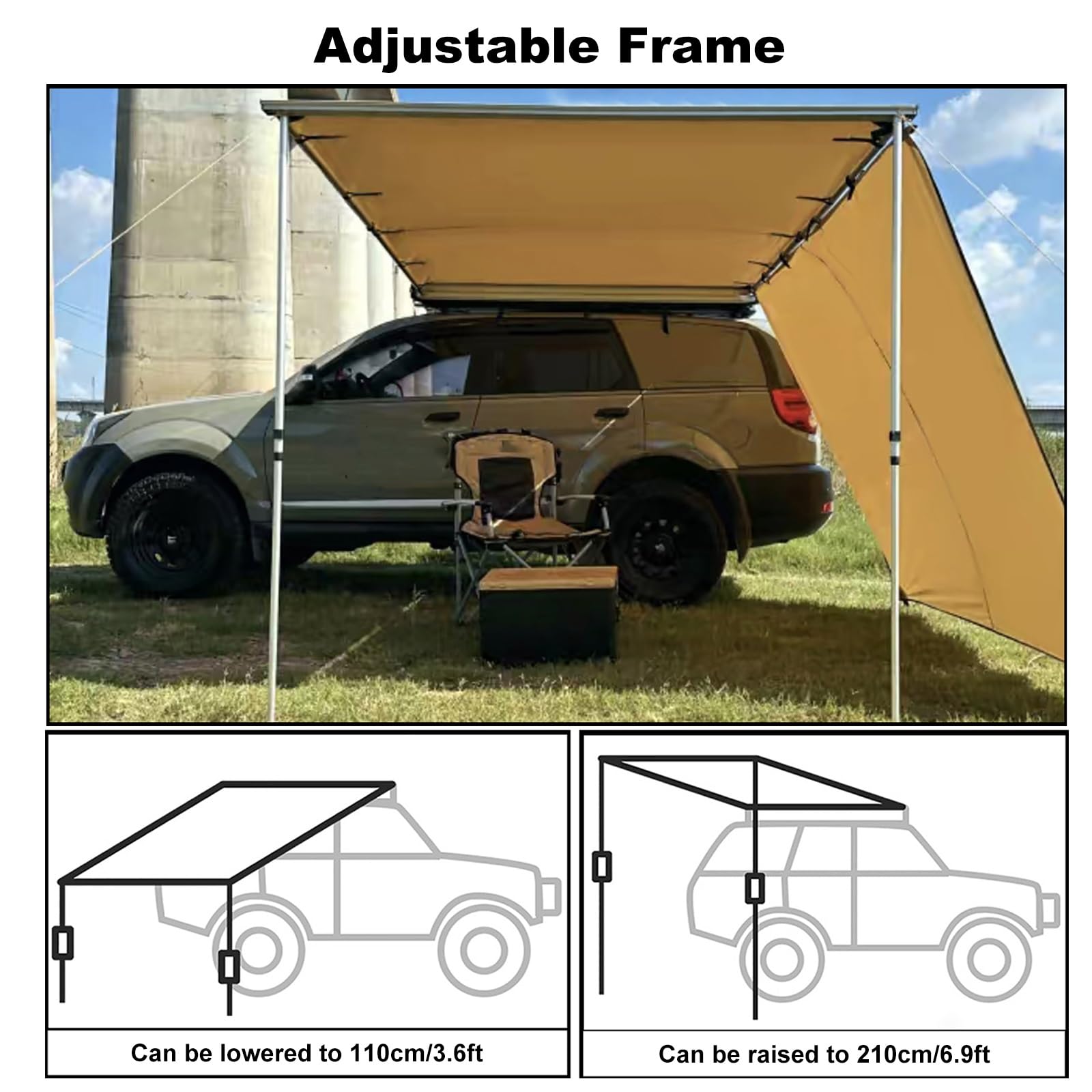Auto Markise, Fahrzeugmarkise, Seitenmarkise (einziehbar) mit Seitenverlängerung, Ausziehbarer Zeltschutz, PU 3000 mm, UV50+, für SUV, Wohnmobil, LKW, Transporter, PKW Usw(200x200cm/6.6x6.6ft)