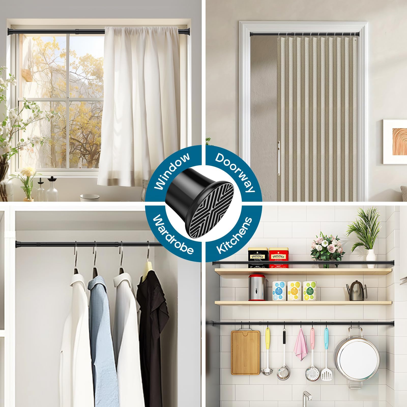 AIZESI Lot de 2 tringles à rideaux extensibles à ressort de 45,7 à 91,4 cm sans perçage, tringles de tension réglables pour fenêtre, porte, placard, armoire, noir