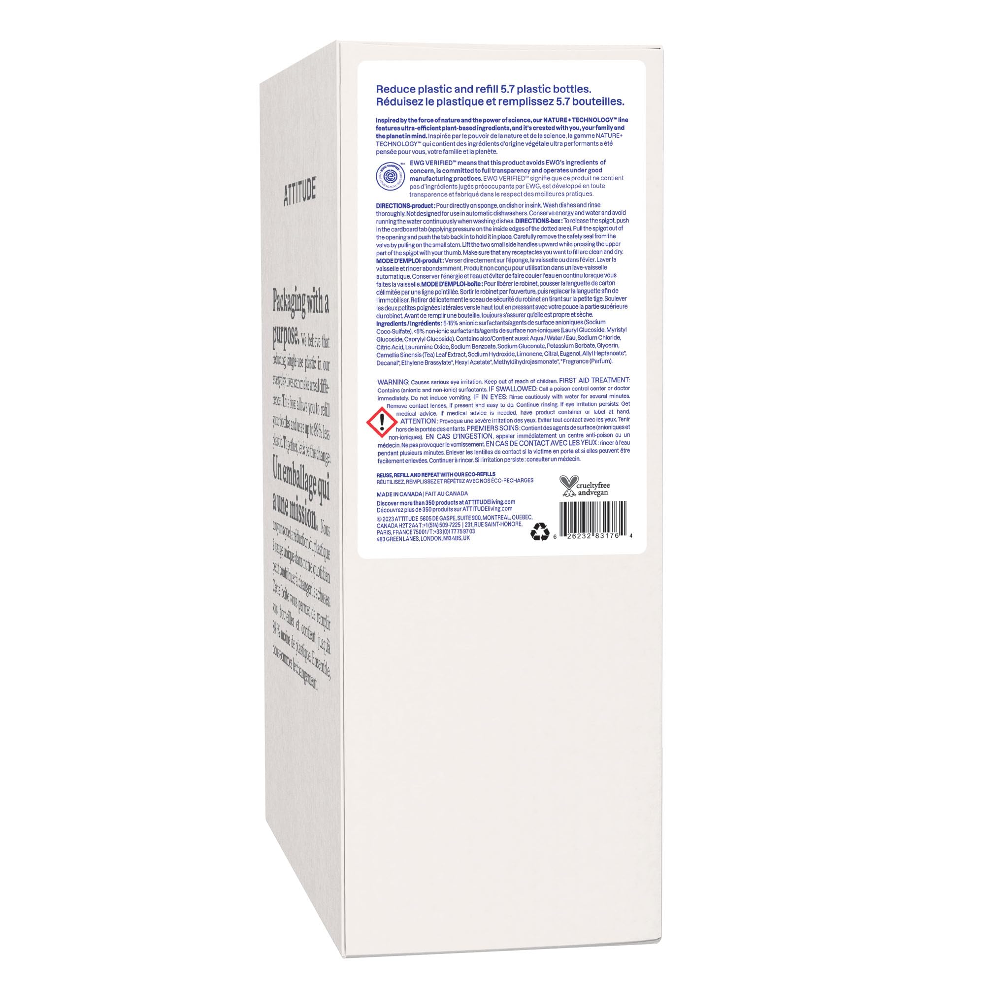 ATTITUDE Detersivo liquido, EWG verificato, sapone per piatti vegano, a base vegetale, prodotti derivati naturalmente, pompelmo rosa, ricarica sfusa, 4 litri