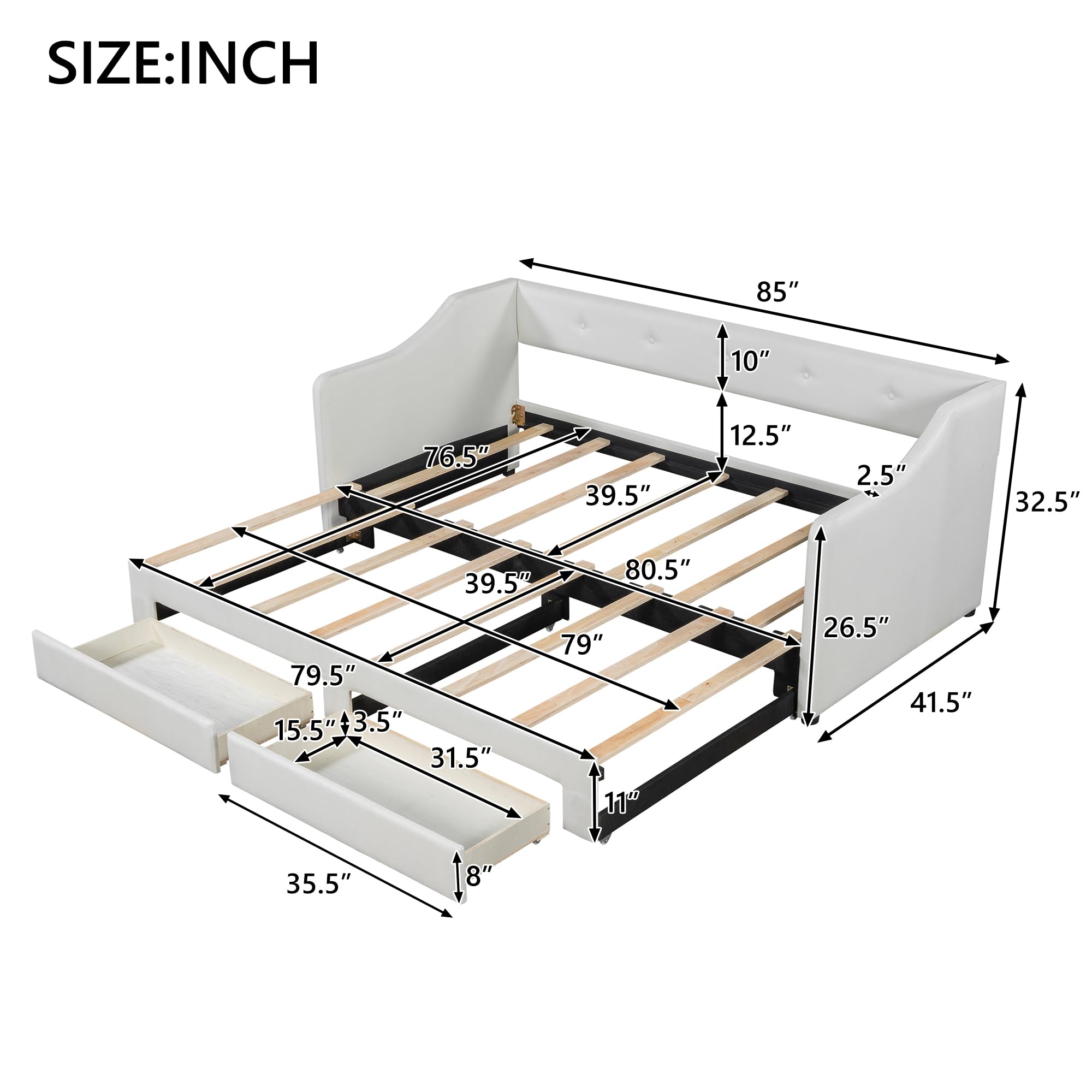 Daybed with Drawers, Extendable Twin to King Daybed Frame with 2 Storage Drawers for Bedroom, Living Room, No Box Spring Needed (Beige)