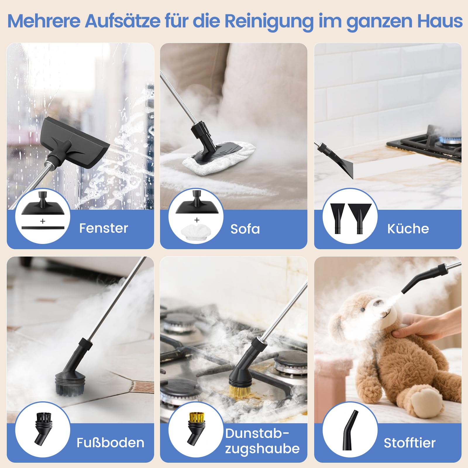 Granarbol Fettlösend Handgerät Dampfreiniger für Alles,1400ml/4Bar/105℃ Steam Cleaner,15s Schnellheizung Handdampfreiniger mit 8PCS Ersatzbürste für Boden,Auto,Polstermöbel,Fliesen,Teppich,Badezimmer