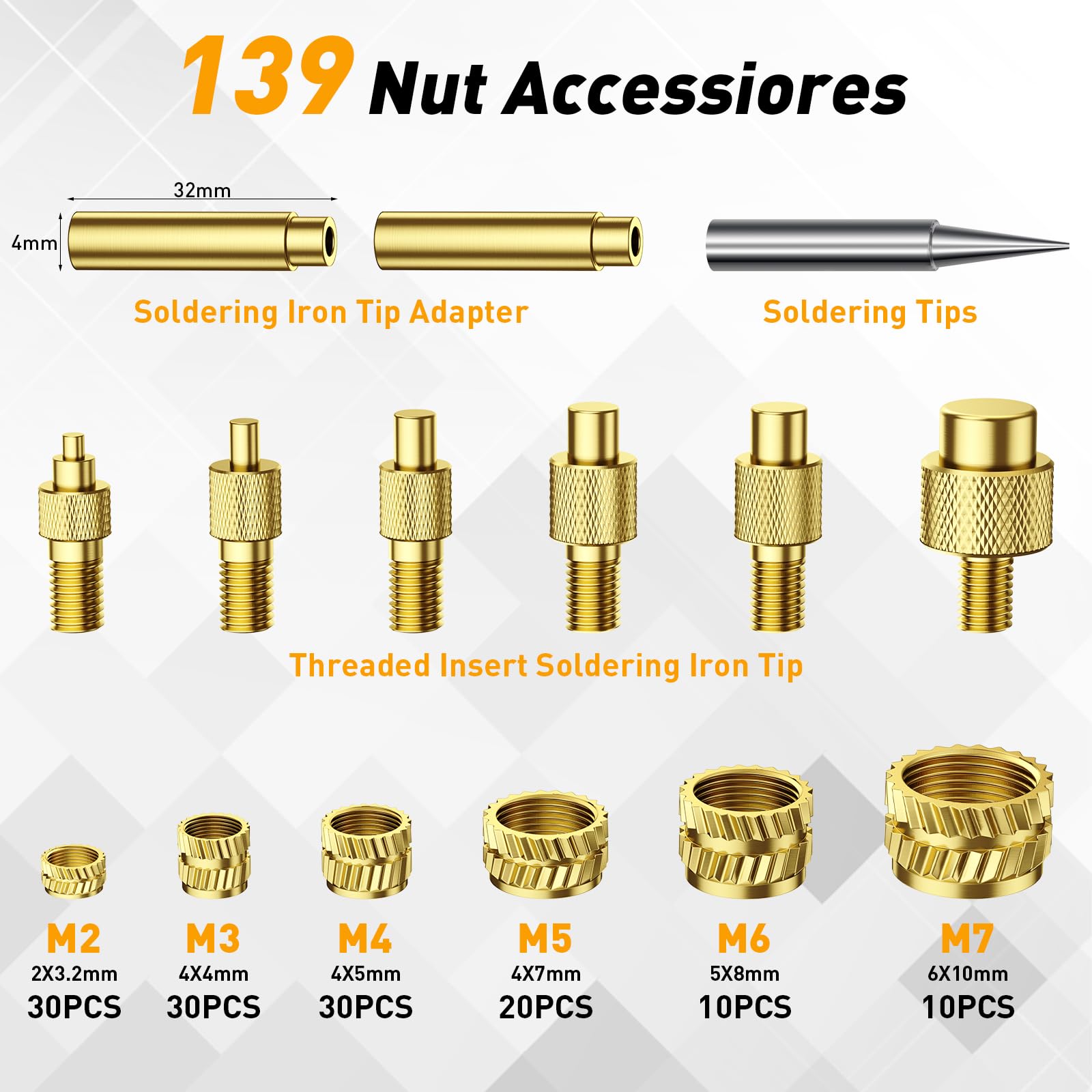 139 Piezas Juego de Puntas de Rosca,Inserto roscado M2/M3/M4/M5/M6/M8,soldador de 60 W,temperatura ajustable,para insertos de impresión 3D