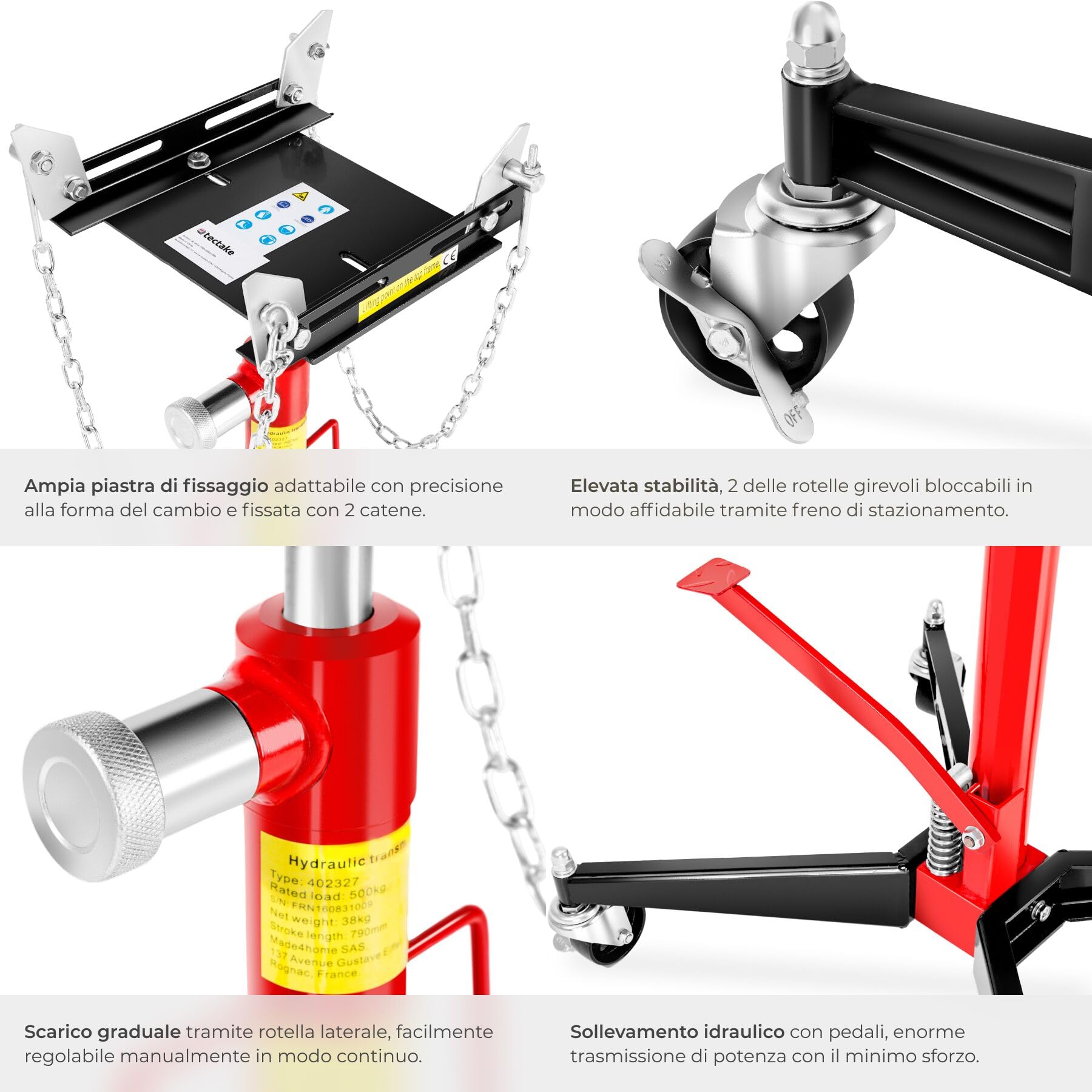 tectake® Sollevatore Idraulico per Motore, Sollevatore Cambio Auto, Carrello Officina Idraulico, Martinetto da Fossa, Supporto Regolabile, Ruote con Freno, Utensile Officina, 500 Kg, 38 Kg - Rosso