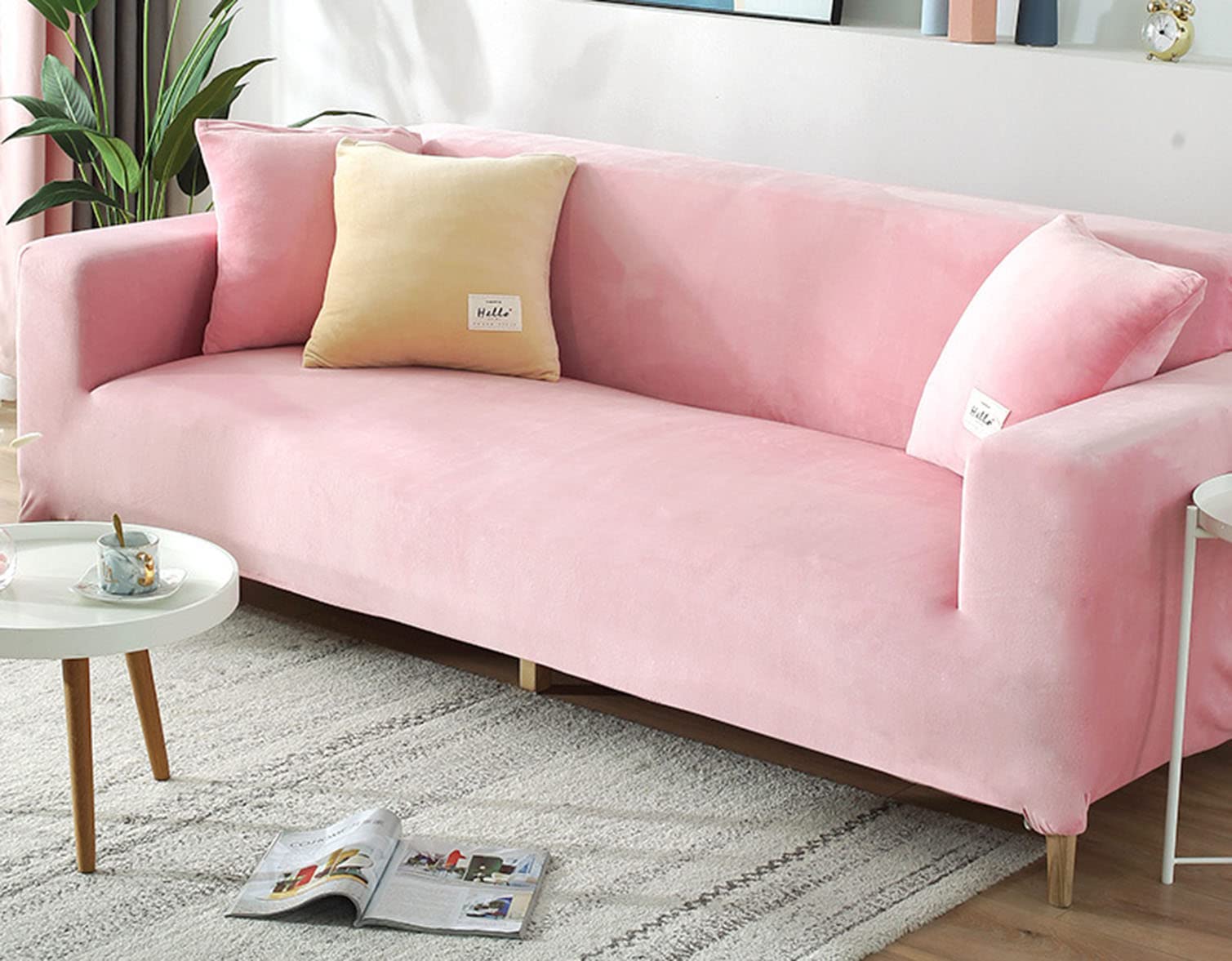 Housse de canapé velours extensible rose 2 places antidérapante lavable 145-185cm