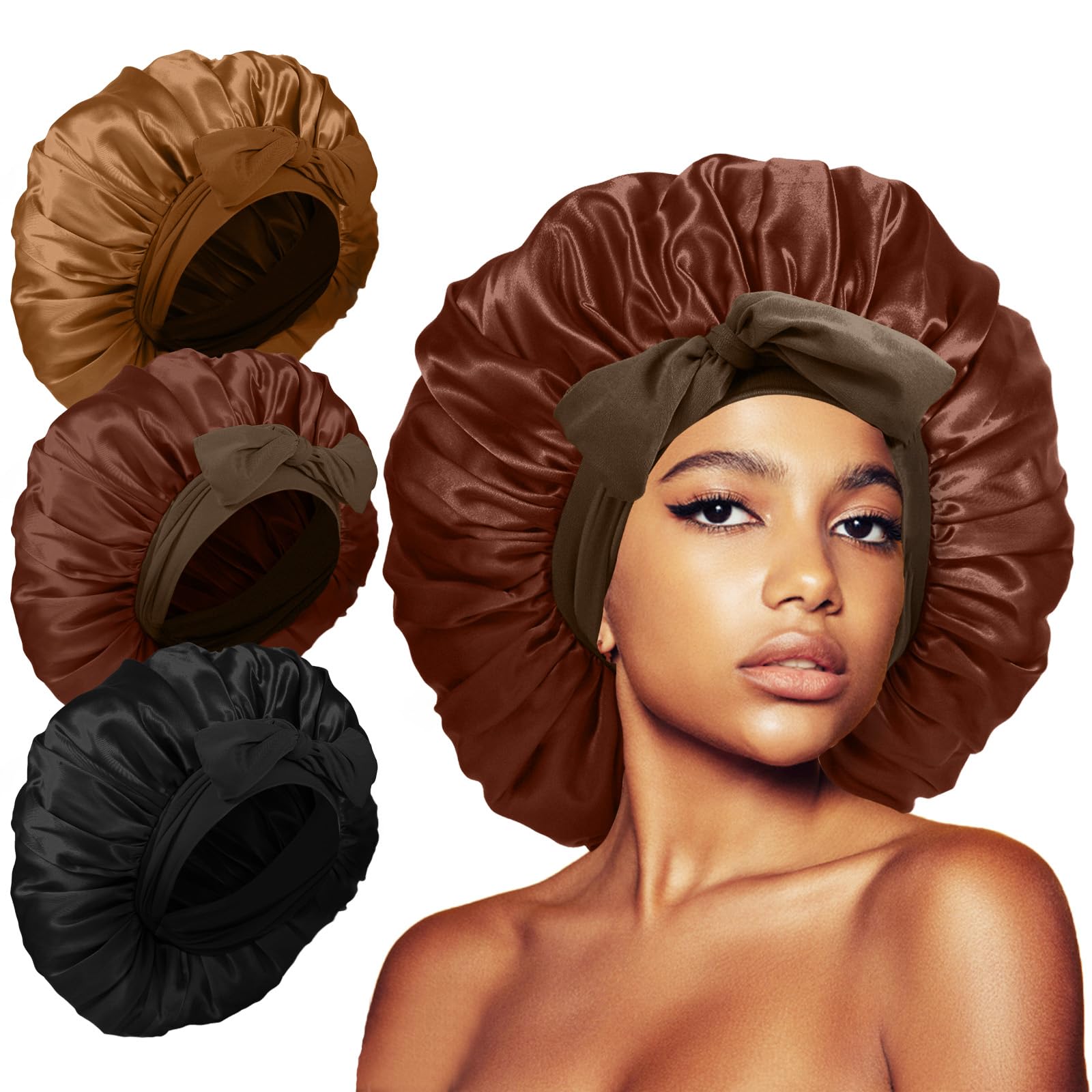 Kafteri3Pcs Jumbo Bonnet for Sleeping, Silk Satin Hair Bonnets with Tie Band for Curly Hair Braids