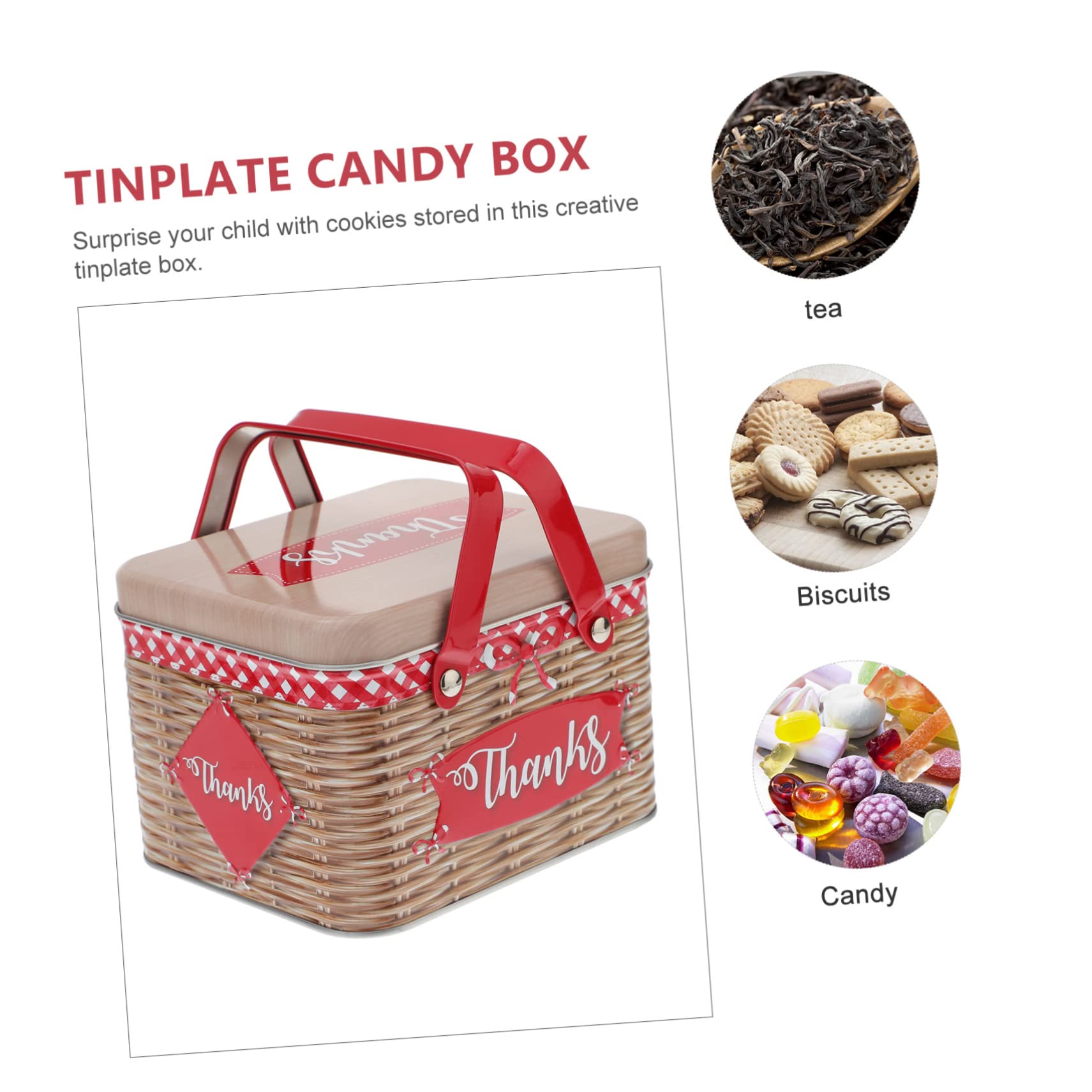 FUNOMOCYA 1Pc Creative Tinplate Candy Box with Handle Unique Cookie Jar for Snacks Imitation Rattan Design Birthdays and Weddings and Portable Storage