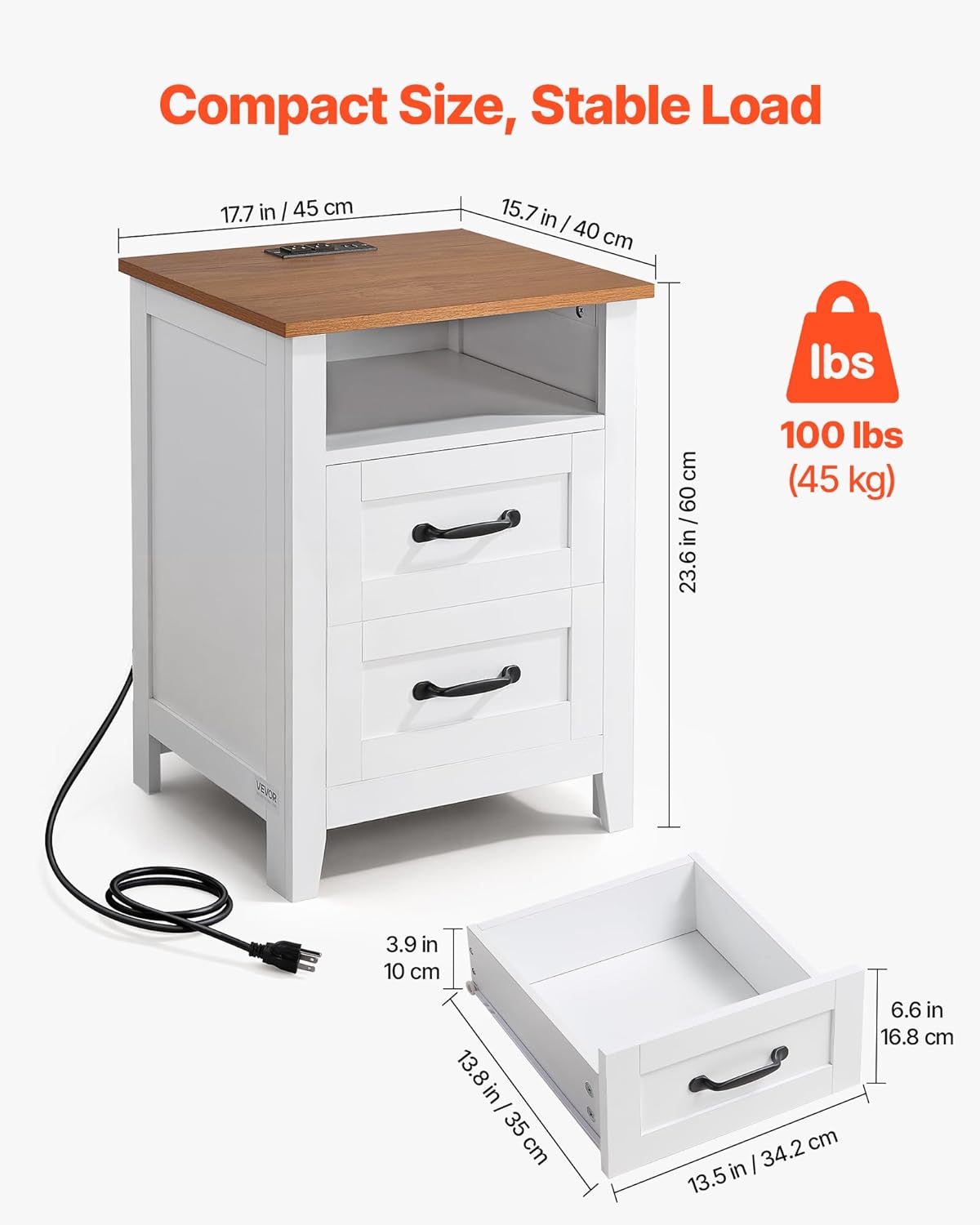 VEVOR Farmhouse Nightstand with Charging Station, 18" Wide End Table with 2 Drawers, Bedside Table, Rustic Side Table with Open Storage Shelf, USB/Type-C Ports, 6.5ft Cord, for Bedroom, White & Brown