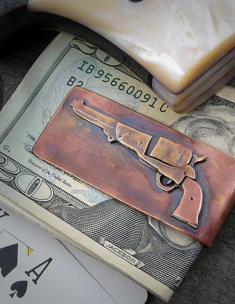 Artisan-Crafted Bronze Money Clip with Colt Revolver Gun Design, American Made