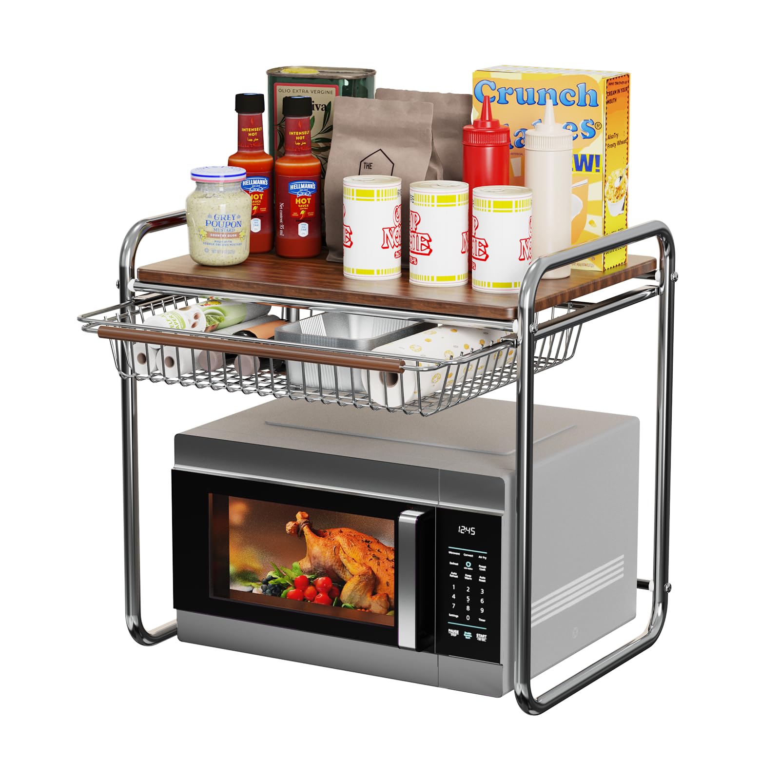 HMAKGG Estantería para Microondas de 2 Niveles, Soporte Microondas con Cesta de Malla Deslizante, Estante Microondas Acero Carbono y Madera Organizador para Encimeras de Cocina, 49.5 x 35 x 48 cm