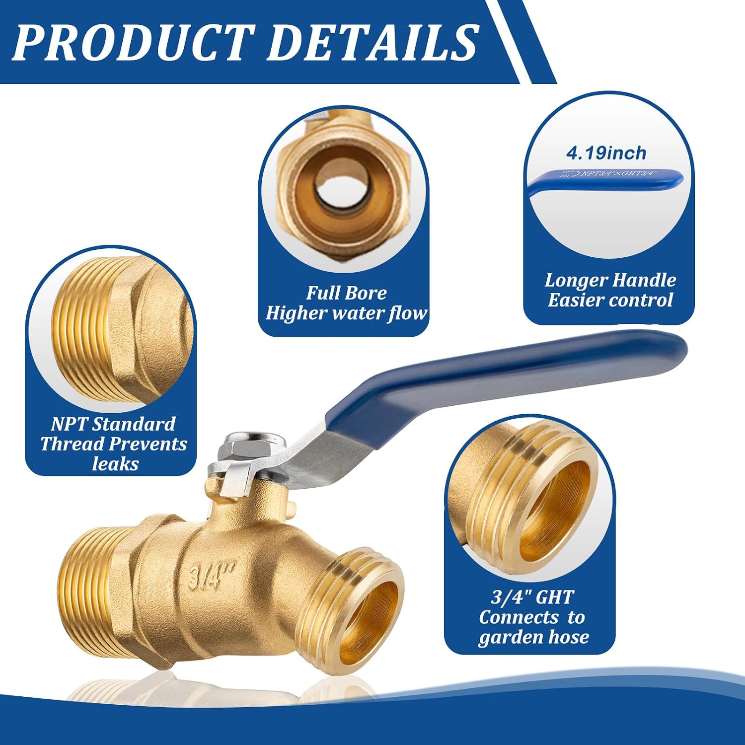 Brass 3/4" Hose Bib, Heavy Duty Outdoor Faucet, High Flow Outdoor Spigot 3/4" GHT Outlet x NPT Inlet, Water Spigot with 2 Washers and 1 Teflon Tape