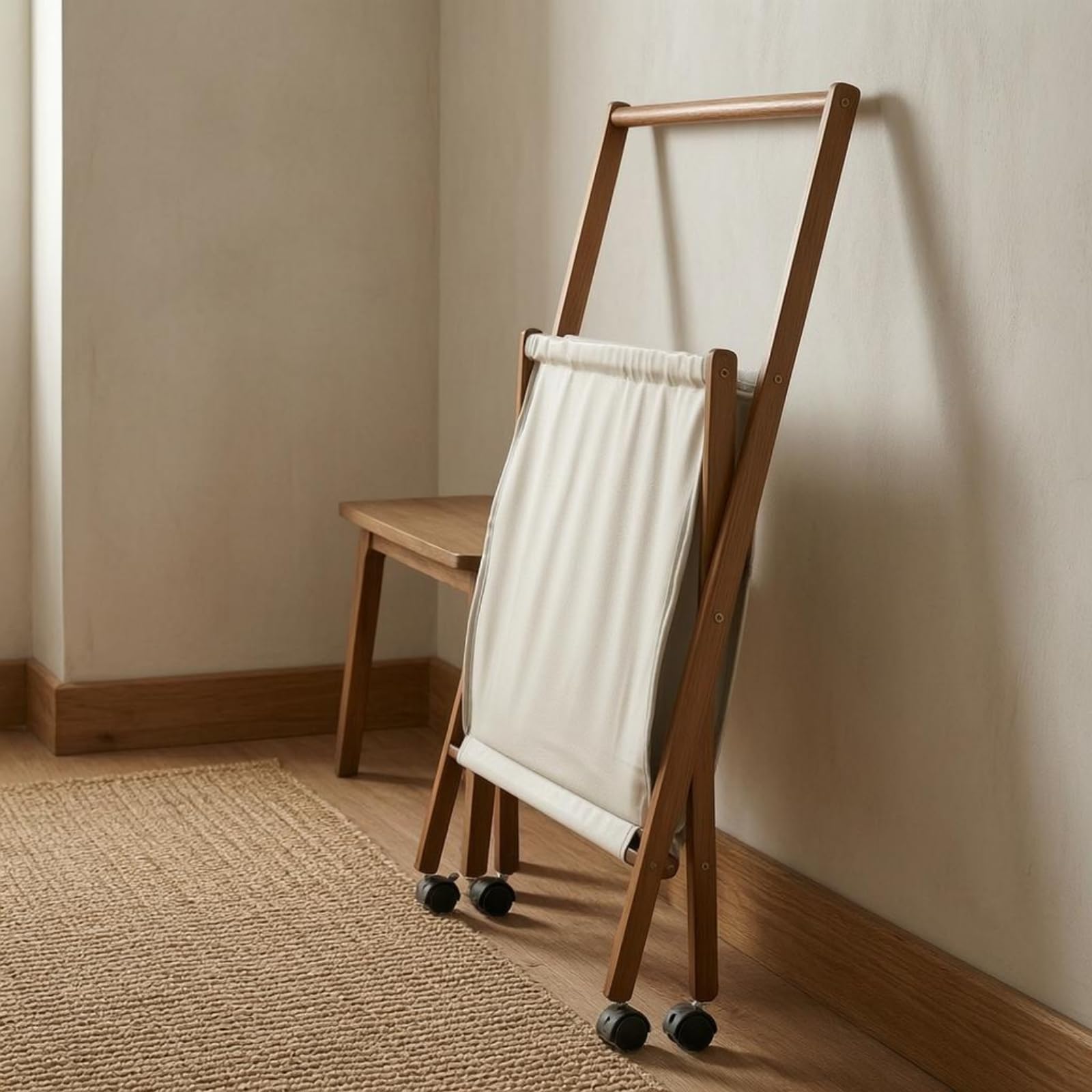 Cesto Portabiancheria Pieghevole Carrello Biancheria Cesto Bucato Contenitore Lavanderia Organizer con Struttura in Bambù Finiture in Similpelle Sacco