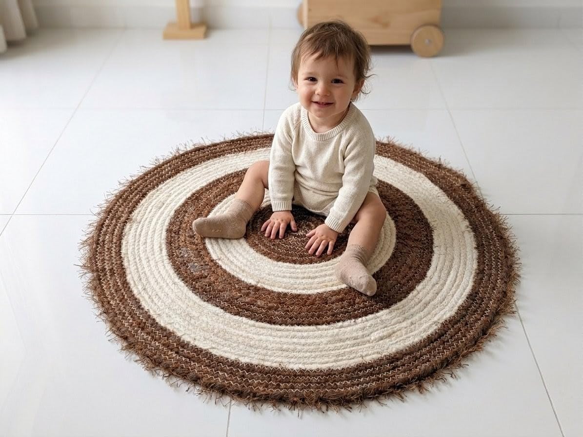 Hand Braided Round Wool Rug 2 Ft x 2 Ft | 100% Natural Wool Carpet | Brown & Cream Circular Area Rug | Small Floor Mat for Living Room, Bedroom, Entryway & Reading Corner | 24 Inch Diameter-image-15
