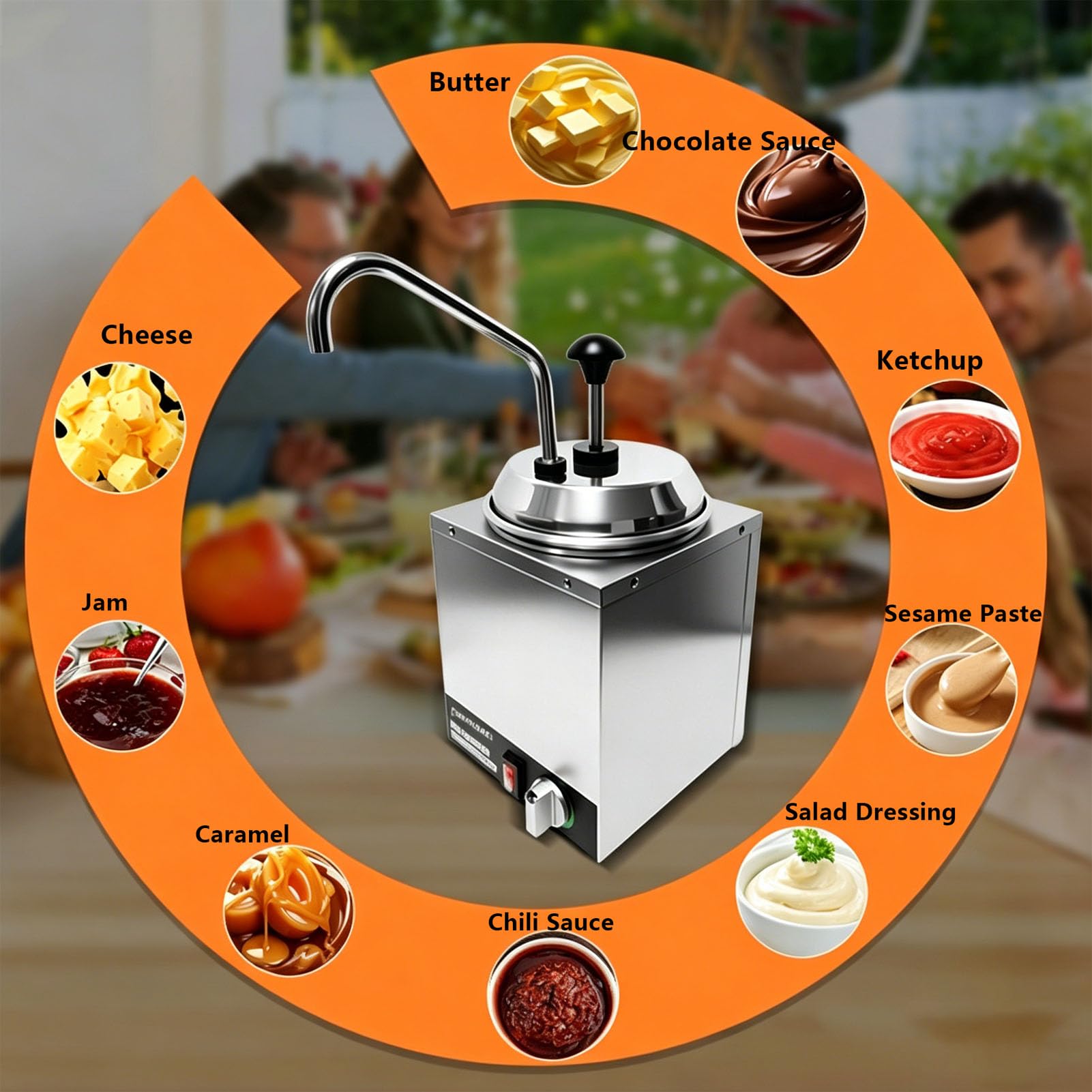 Dosificador Salsas Calientes Modelo,6 Ajustes, Acero Resistente,Equipo Comercial para Queso Nacho Chocolate Local Gastronómico,4L
