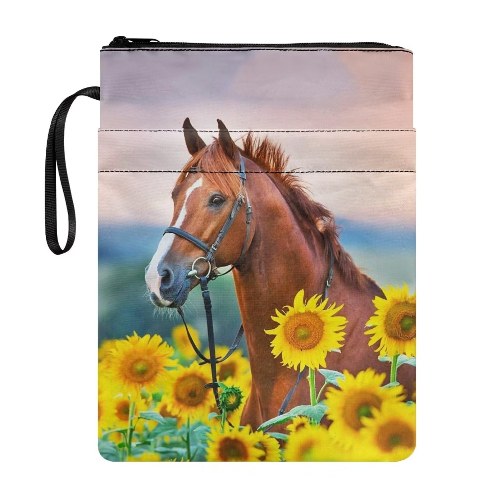 NETILGEN Horse Sunflower Book Covers for Book Lovers Book Sleeve with Zipper and Pocket Paperback Book Sox Textbook Covers Book Purse — image 1
