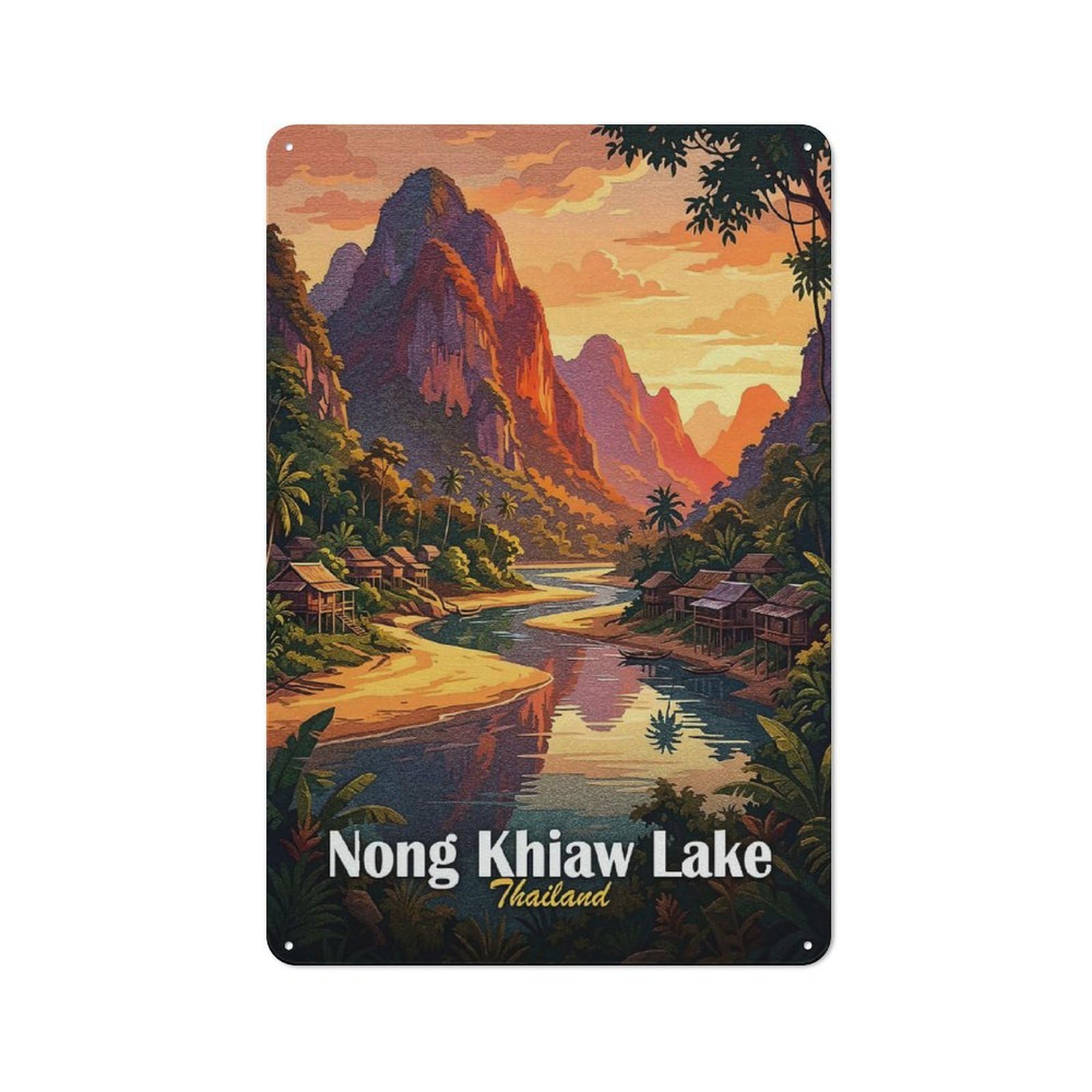 Junmoney Style Rustic Tin Sign 30X20cm Featuring Nong Khiaw Lake, Thailand Landscape Art For Living Room Wall, For Room Styling Across Living Rooms And Feature Walls