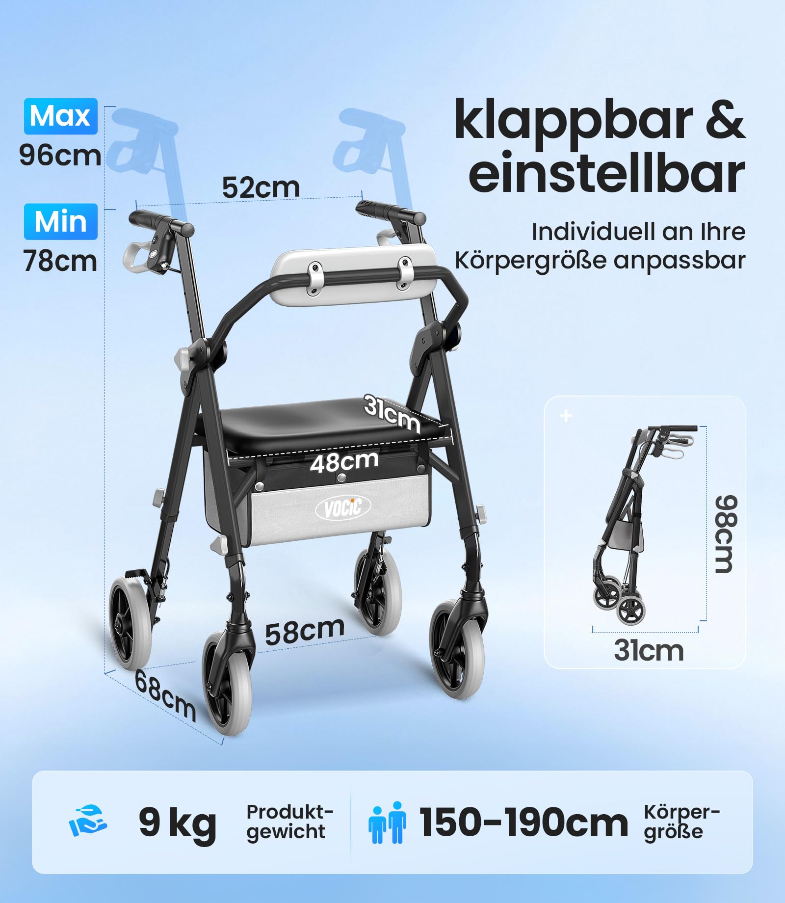 VOCIC Z11 Rollator faltbar und leicht mit Sitz, Max 172kg, Rollator schmal für wohnung, Rollatoren leicht klappbar für Senioren, Ergonomischer Sitz, höhenverstellbar, Obsidian, 5 Jahre Support