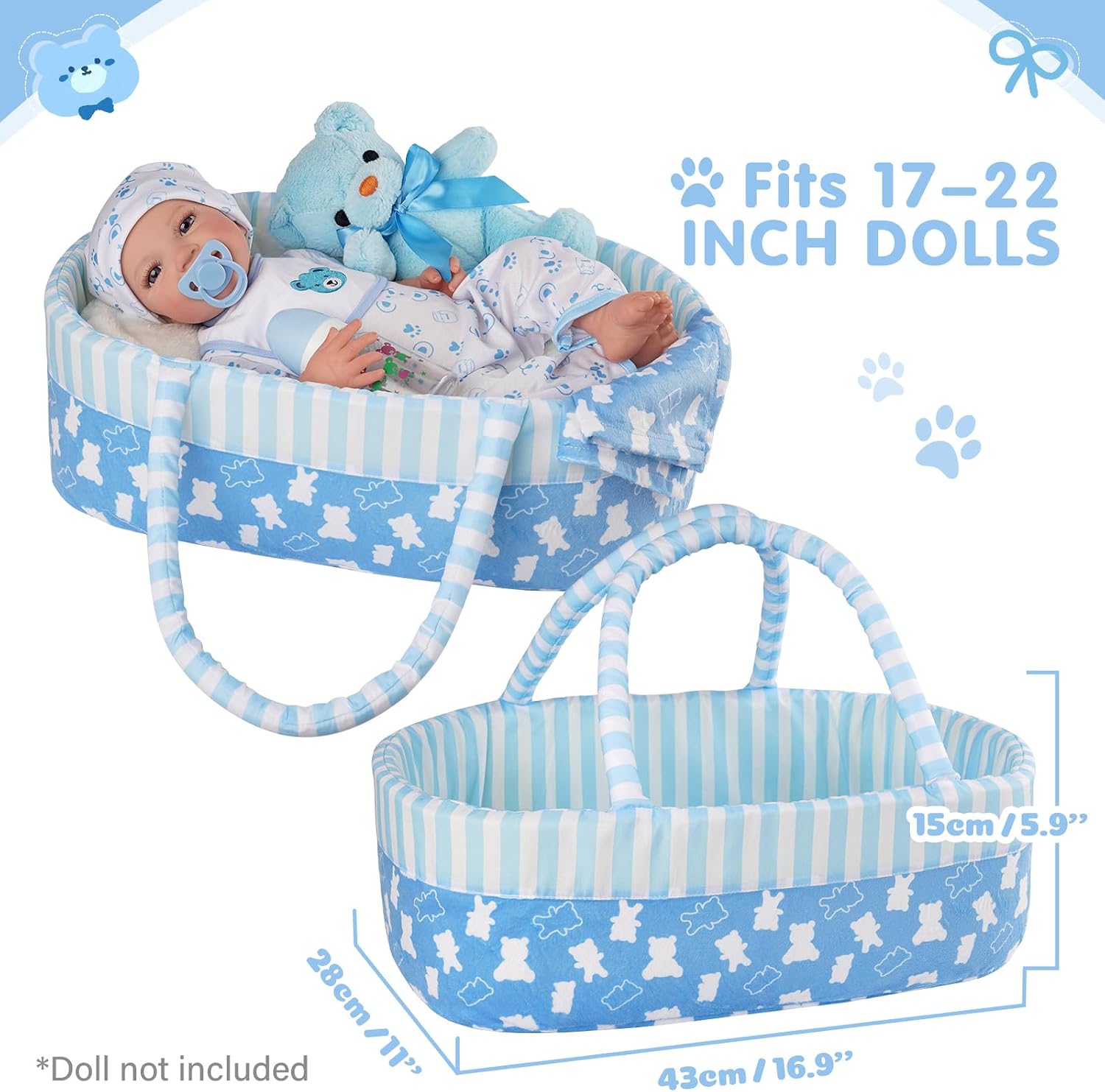 BABESIDE 9 Pcs Reborn Baby Doll Clothes Set for 17-22 Inch Dolls, Reborn Baby Dolls Accessories Doll Bassinet with Bottle Pacifier for Realistic Babydolls, Blue