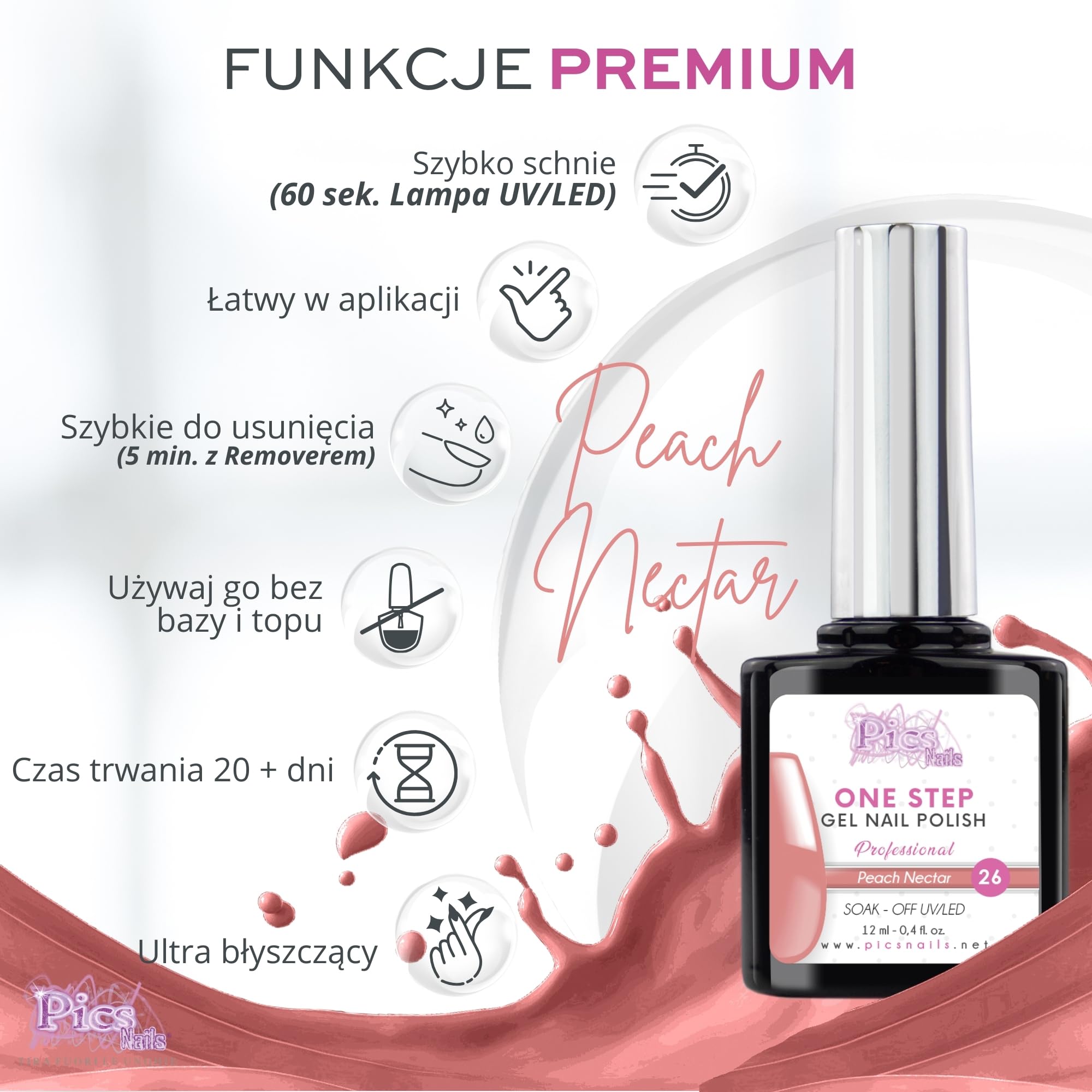 Lakier do paznokci One Step Gel Polish UV/LED 12 ml - Lakier żelowy - Natychmiastowy połysk paznokci z lub bez bazy i top coat (26. Nektar Brzoskwiniowy, 12 ml)