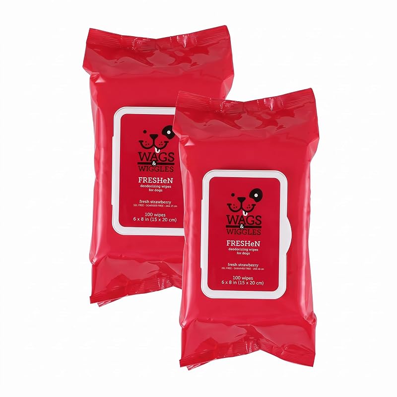 Lenços de higiene para cães com aloe vera, aveia e pepino Wags & Wiggles, aroma de morango fresco, pacote com 2 (100 unidades cada)