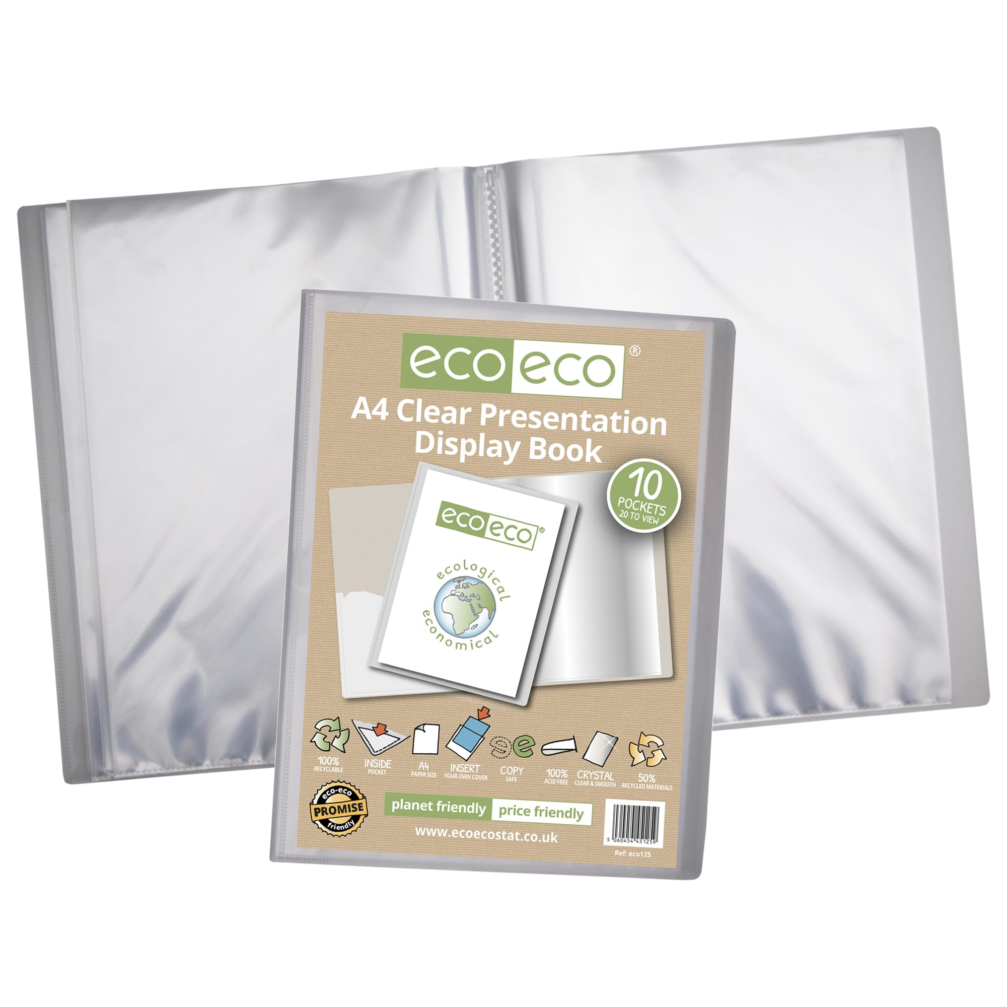 eco-eco Lot de 2 porte-vues transparents à 10 pochettes Format A4 50% recyclé avec pochettes en plastique Eco125 x 2