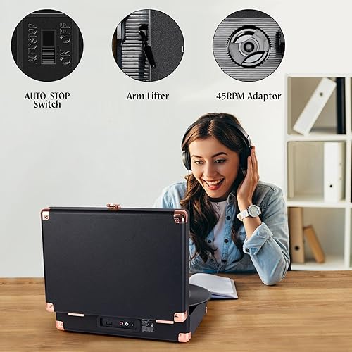 Miniatura 3 de Tocadiscos inalámbrico portátil maleta reproductor de vinilo con altavoces incorporados, tocadiscos de estilo retro para discos de vinilo, salida de