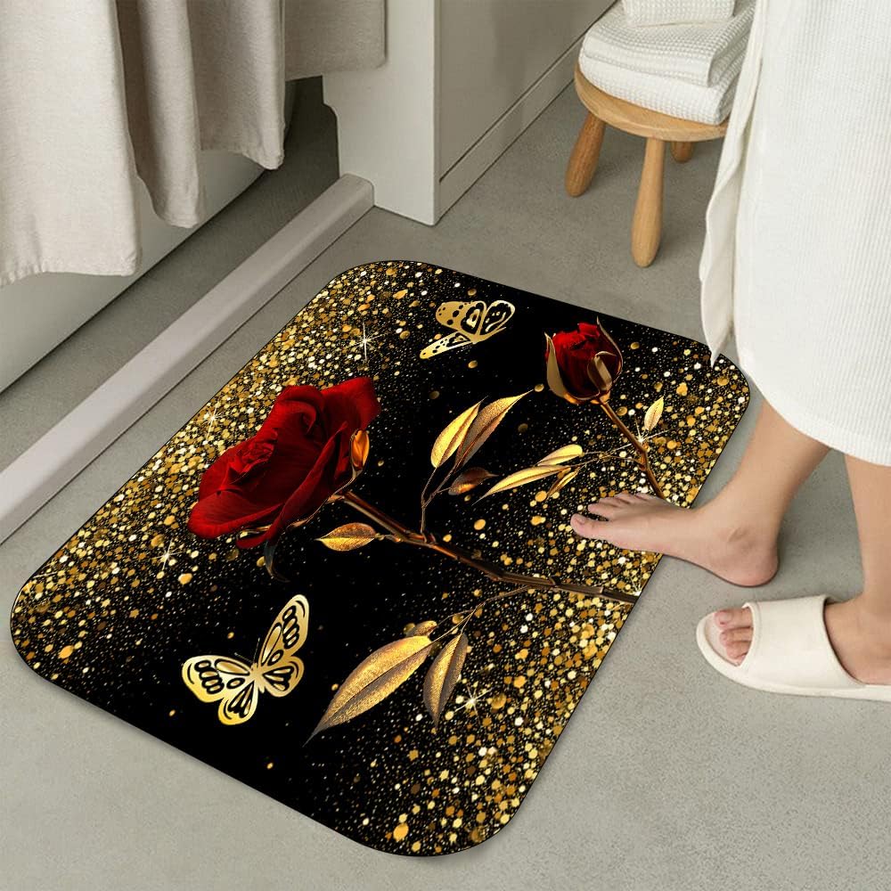 4Pcs Gold Rose Shower Curtain Set, Gold Star Sparks Butterfly Curtain with Non-Slip Rug,Toilet Lid Cover,U Shape Mat,Curtain with 12 Hooks Bathroom Decor Sets,Black 72"×72"