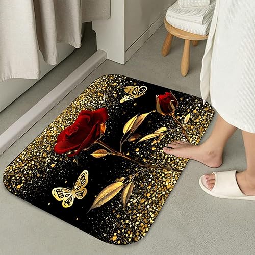 Miniatura 4 de Juego de 4 piezas de cortina de ducha con rosa dorada, cortina de mariposa con destellos de estrella dorada con alfombra antideslizante, cubierta